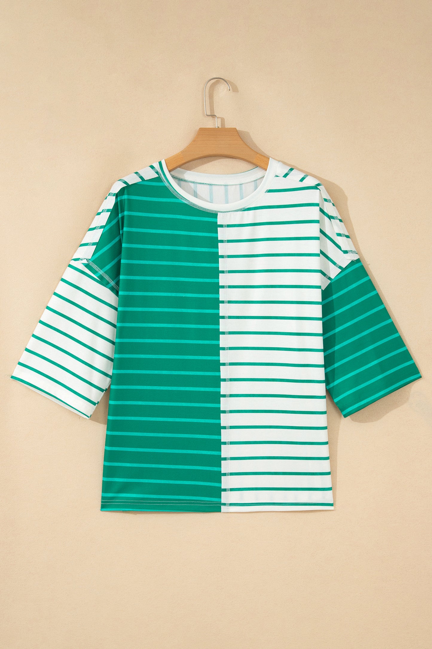 Green Stripe Colorblock 3/4 Sleeve Loose T Shirt-Tops/Tops & Tees-[Adult]-[Female]-2022 Online Blue Zone Planet