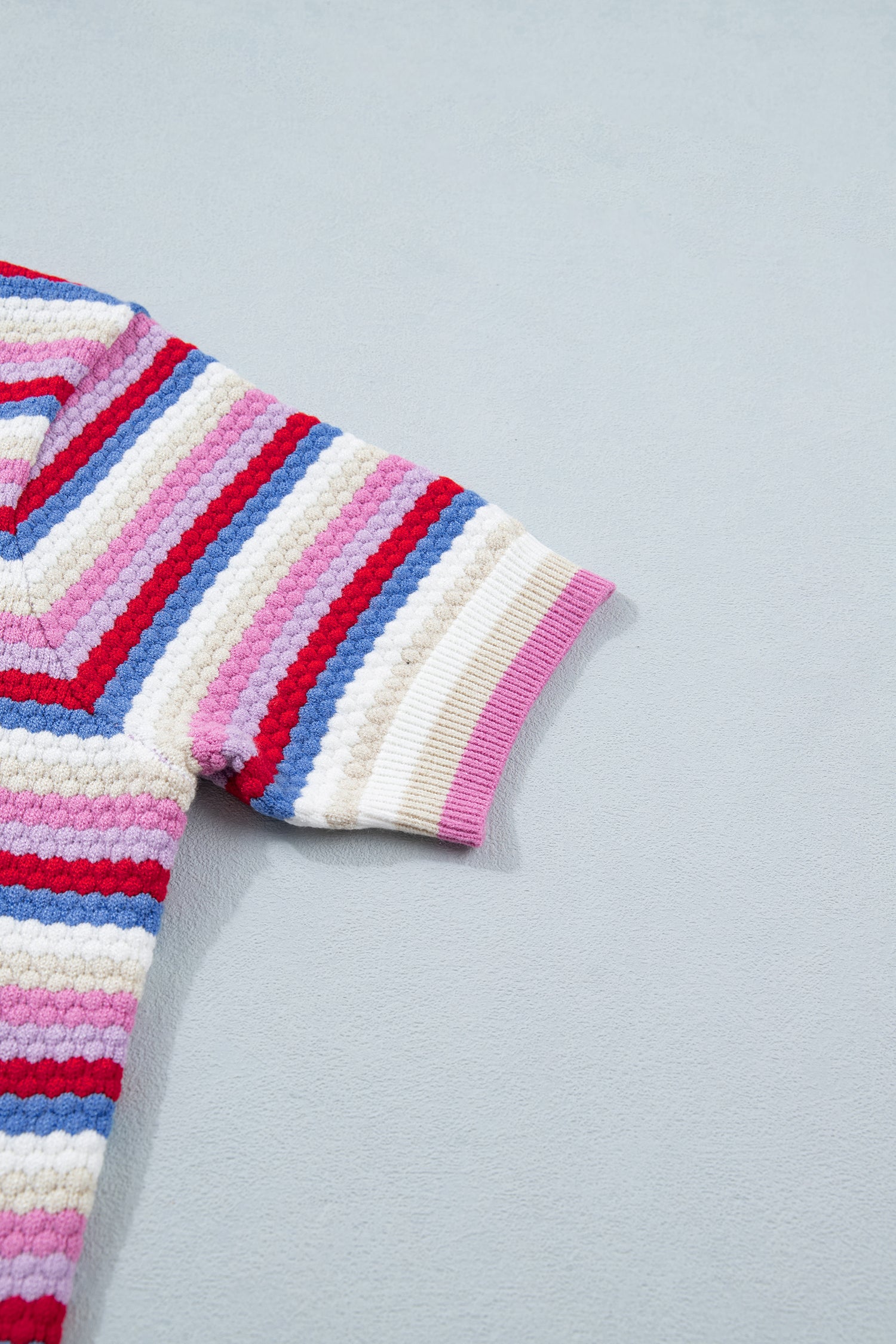 Multicolour Textured Stripes Knit Short Sleeve Sweater-Sweaters & Cardigans/Short Sleeve Sweaters-[Adult]-[Female]-2022 Online Blue Zone Planet