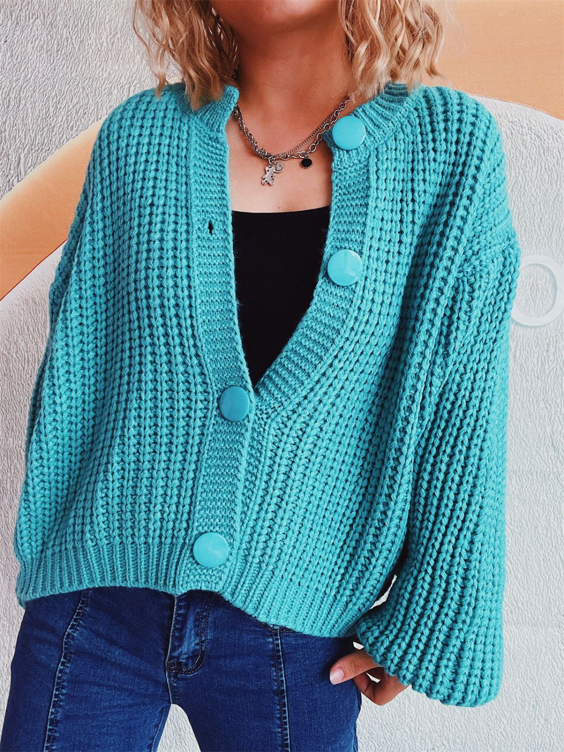 Button Up Long Sleeve Cardigan-TOPS / DRESSES-[Adult]-[Female]-Tiffany Blue-One Size-2022 Online Blue Zone Planet