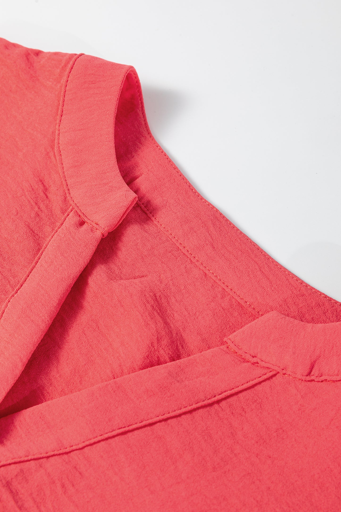 Coral Contrast Ricrac Trim V Neck Button Down Long Sleeve Shirt-Tops/Blouses & Shirts-[Adult]-[Female]-2022 Online Blue Zone Planet
