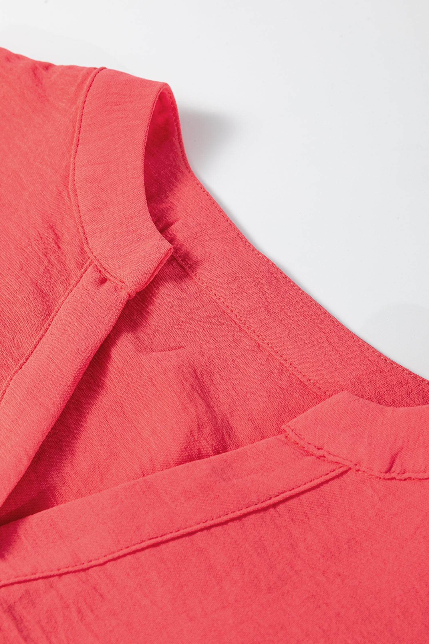 Coral Contrast Ricrac Trim V Neck Button Down Long Sleeve Shirt-Tops/Blouses & Shirts-[Adult]-[Female]-2022 Online Blue Zone Planet