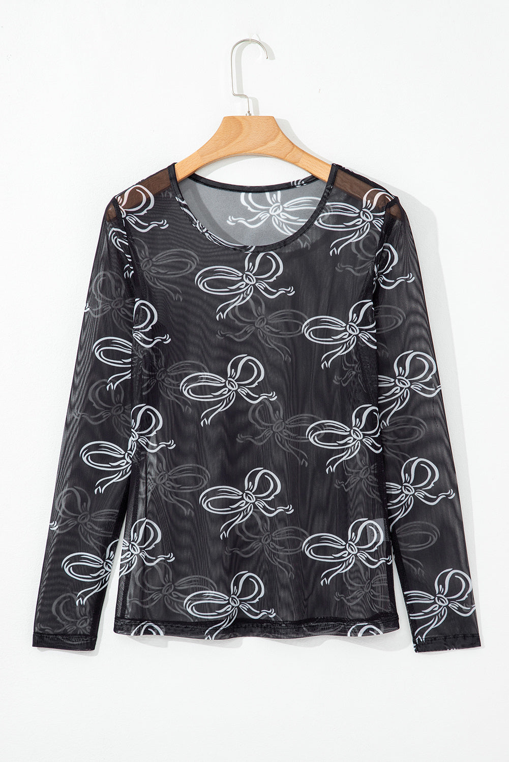 Black Round Neck Bow Print Long Sleeve Mesh Top-Tops/Long Sleeve Tops-[Adult]-[Female]-2022 Online Blue Zone Planet