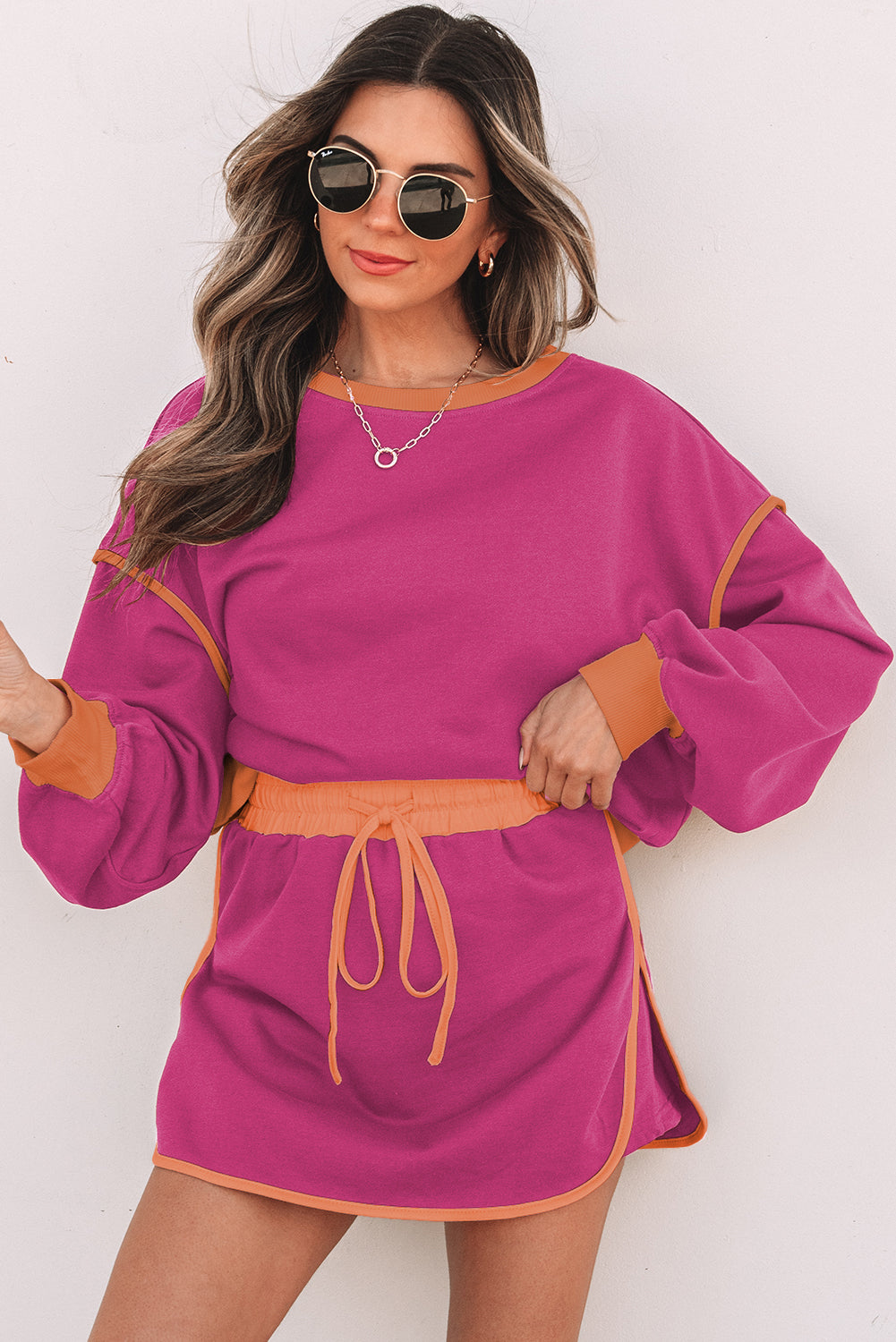 Blue Zone Planet | Rose Red Color Contrast Loose Pullover And Lace-Up Waist Skort Set-Two Piece Sets/Two Piece Dresses-[Adult]-[Female]-2022 Online Blue Zone Planet