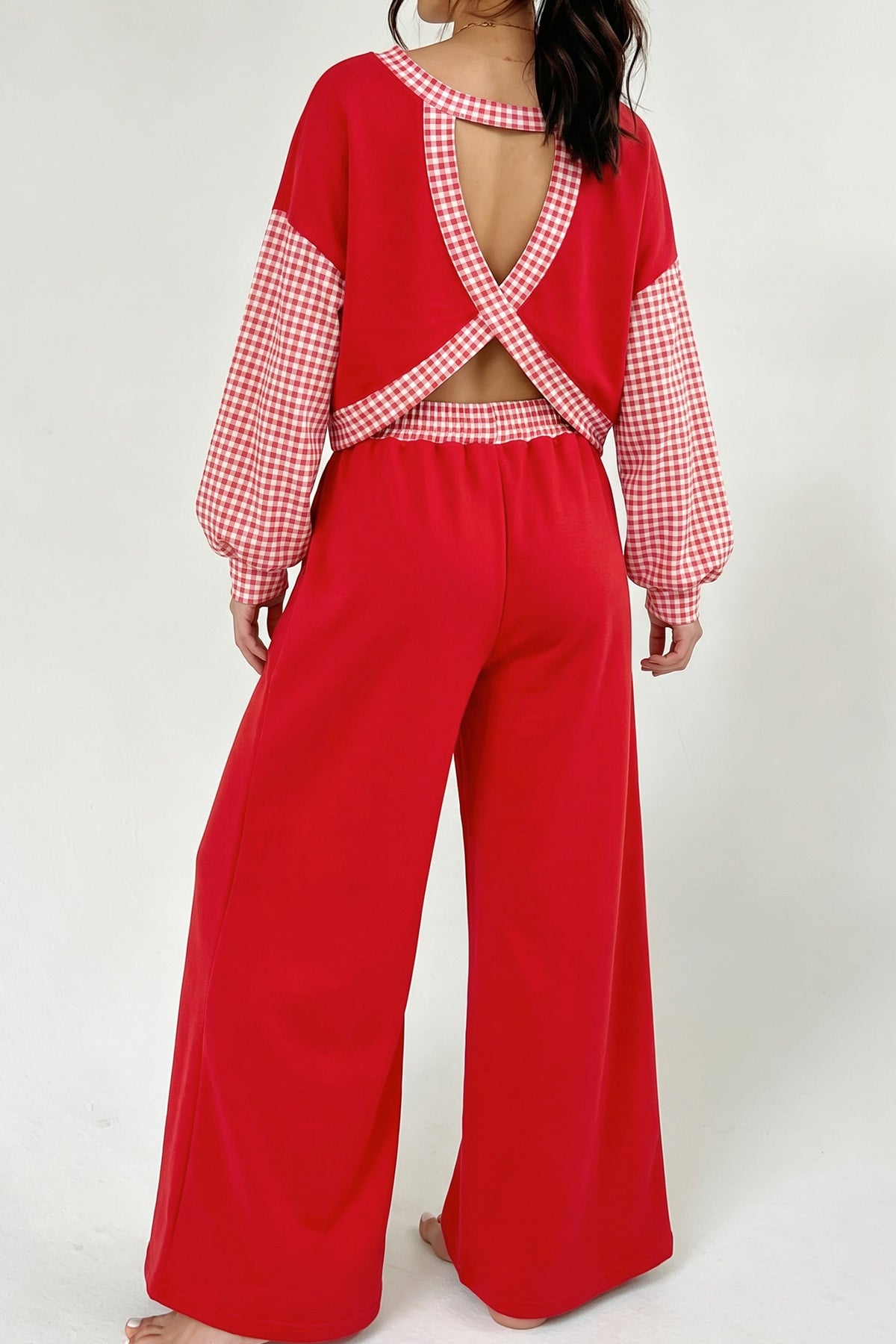 Fiery Red Contrast Plaid Long Puff Sleeve Back Cutout Top Wide Leg Pants Set-Two Piece Sets/Pant Sets-[Adult]-[Female]-Fiery Red-S-2022 Online Blue Zone Planet