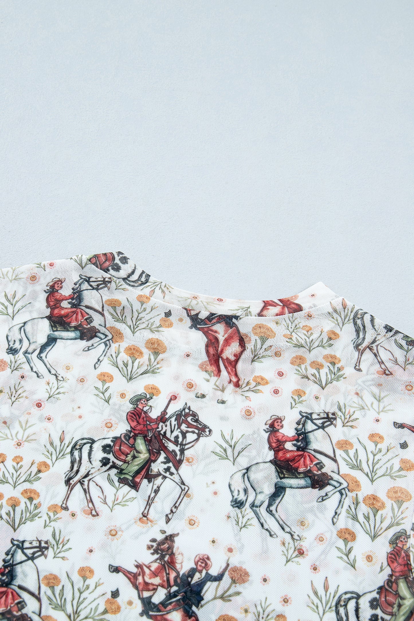 Beige Western Cowboy Floral Print Sheer Mesh Long Sleeve Top
