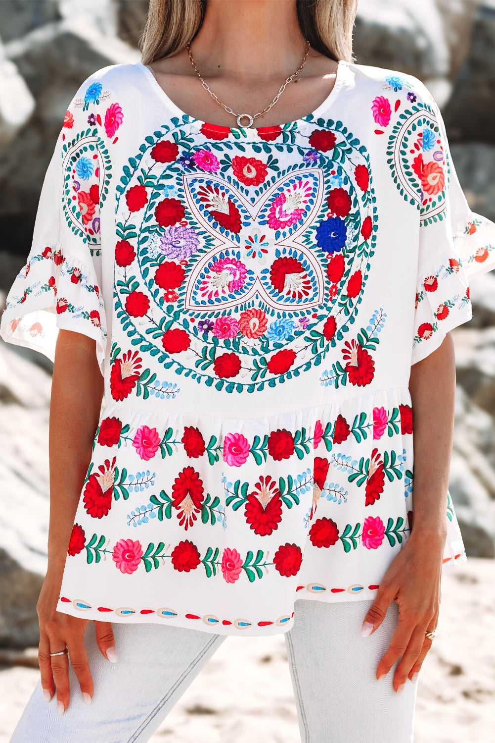 White Boho Floral Print Round Neck Ruffle Trim Blouse-Tops/Blouses & Shirts-[Adult]-[Female]-2022 Online Blue Zone Planet