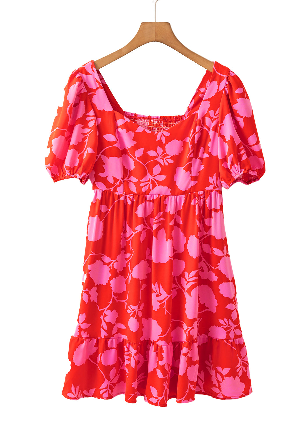 Red Floral Bubble Sleeve Sweetheart Neck Ruffled Mini Dress-Short Dresses-[Adult]-[Female]-2022 Online Blue Zone Planet