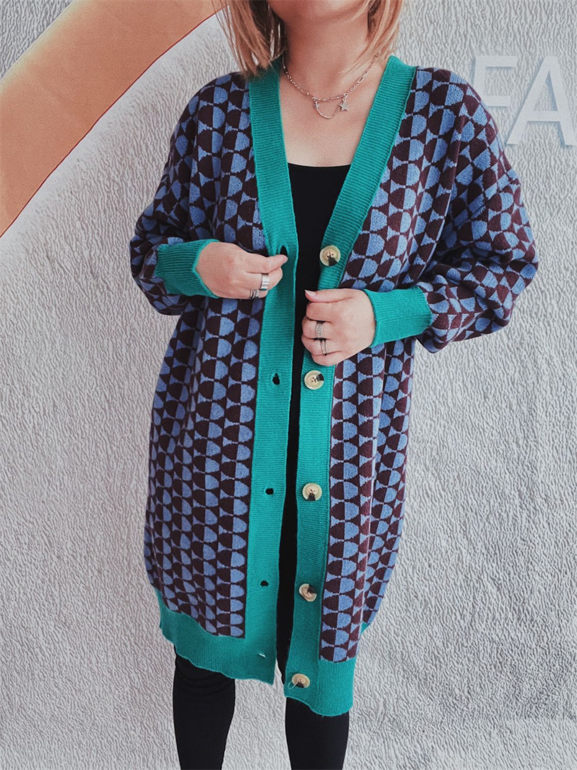 Contrast Trim Geometric Button Down Cardigan-TOPS / DRESSES-[Adult]-[Female]-Turquoise-One Size-2022 Online Blue Zone Planet