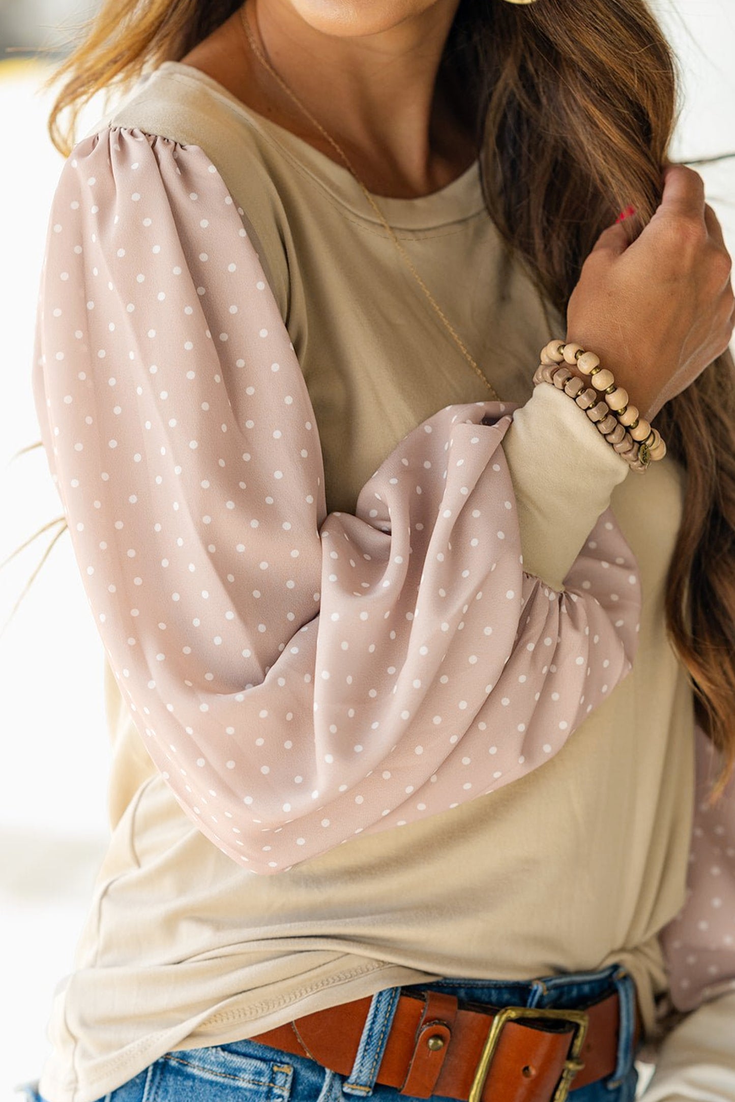 Parchment Polka Dot Long Sleeve Round Neck Plus Size Blouse-Plus Size/Plus Size Tops/Plus Size Long Sleeve Tops-[Adult]-[Female]-2022 Online Blue Zone Planet
