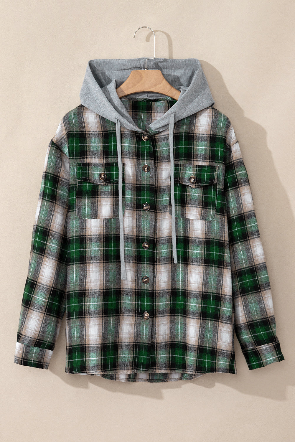 Red Plaid Print Chest Pocket Buttoned Hooded Shacket-Outerwear/Plaid Shackets-[Adult]-[Female]-2022 Online Blue Zone Planet