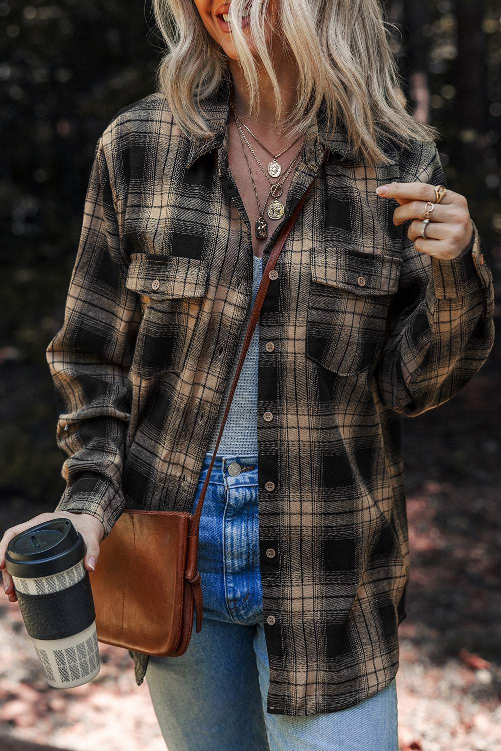 Multicolour Retro Plaid Double Flap Pocket Brushed Shacket-Outerwear/Plaid Shackets-[Adult]-[Female]-2022 Online Blue Zone Planet
