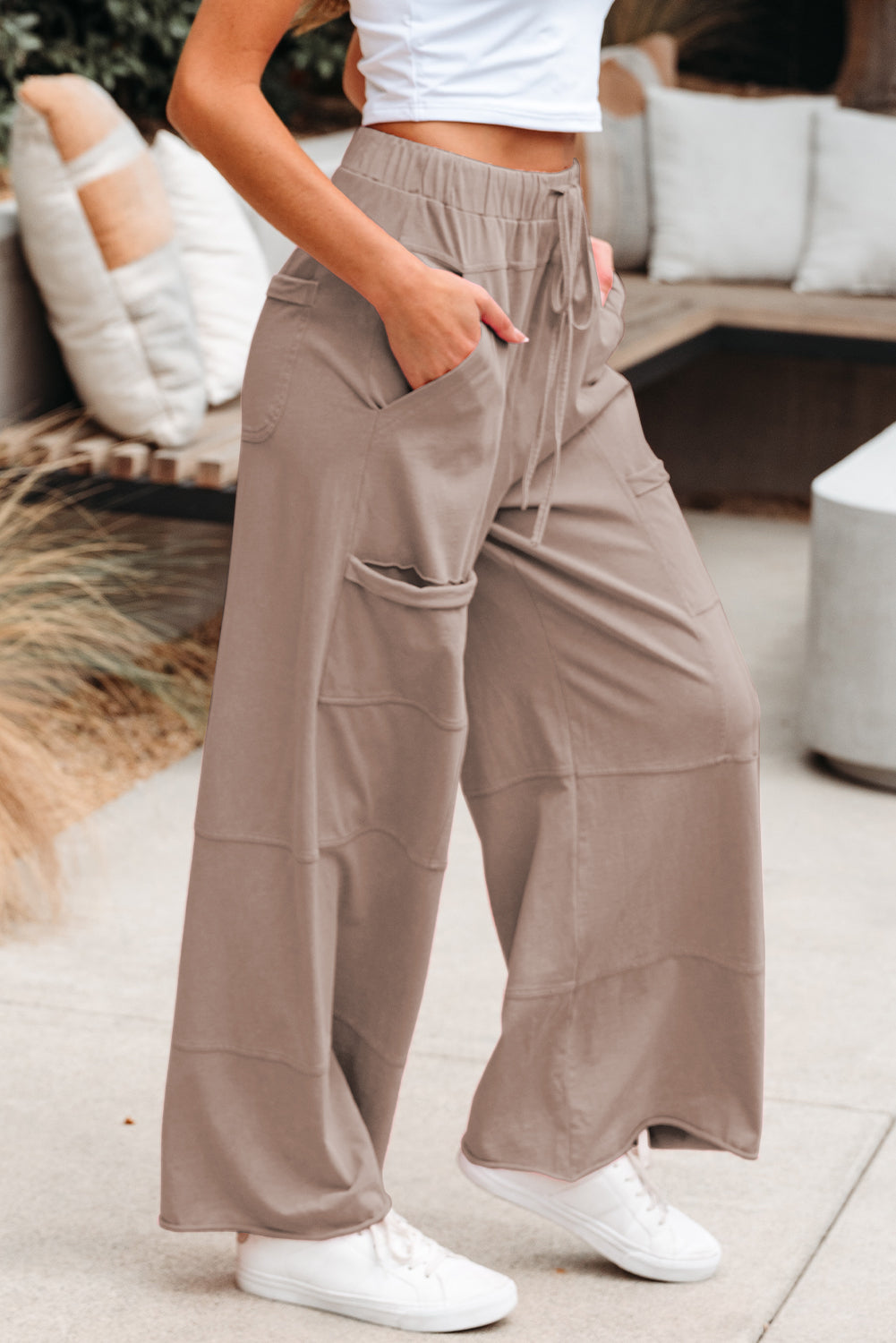 Smoke Gray Mineral Wash Exposed Seam Drawstring Elastic Waistband Wide Leg Cargo Pants-Bottoms/Pants & Culotte-[Adult]-[Female]-2022 Online Blue Zone Planet