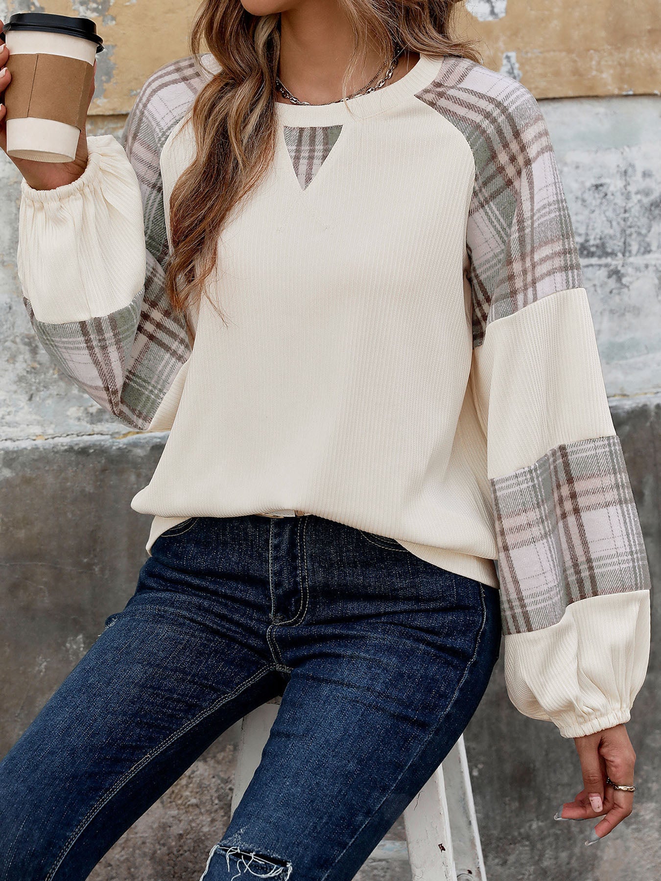 Blue Zone Planet | Plaid Round Neck Long Sleeve Sweatshirt-TOPS / DRESSES-[Adult]-[Female]-Cream-S-2022 Online Blue Zone Planet