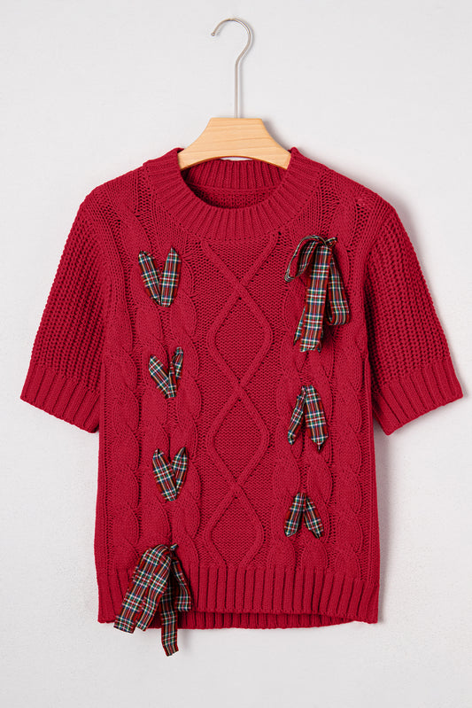 Fiery Red Plaid Lace Up Detail Christmas Holiday Puff Short Sleeve Sweater-TOPS / DRESSES-[Adult]-[Female]-2022 Online Blue Zone Planet