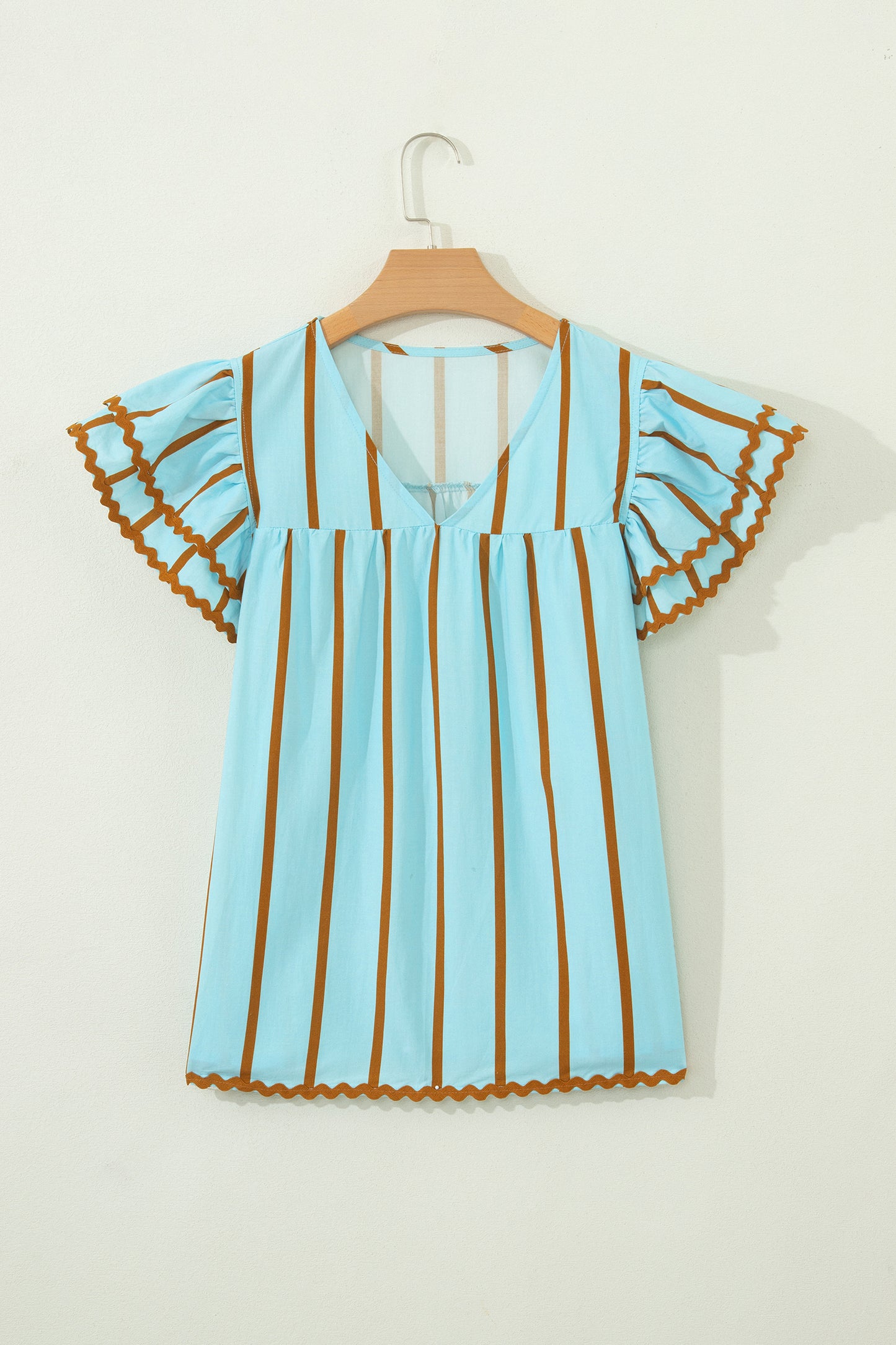 Sky Blue Stripe Ricrac Trim Double Ruffled Short Sleeve V Neck Blouse-Tops/Blouses & Shirts-[Adult]-[Female]-2022 Online Blue Zone Planet