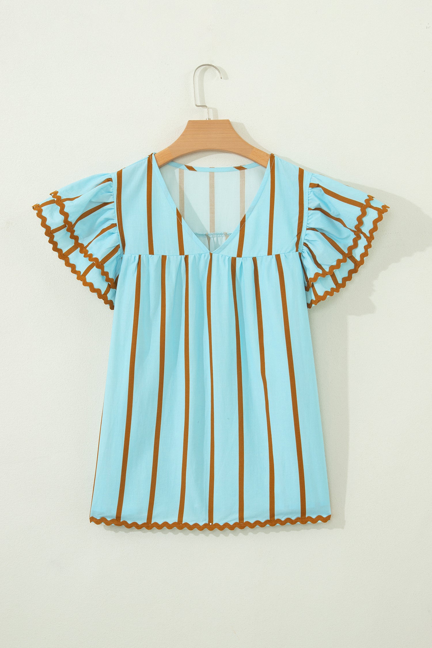 Sky Blue Stripe Ricrac Trim Double Ruffled Short Sleeve V Neck Blouse-Tops/Blouses & Shirts-[Adult]-[Female]-2022 Online Blue Zone Planet
