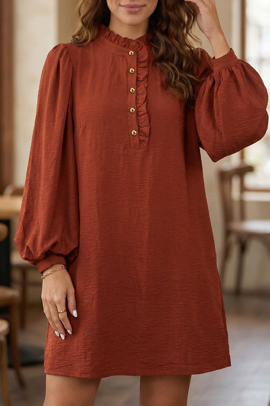 Coffee Solid Shift Long Sleeve Short Length One Piece Dress-TOPS / DRESSES-[Adult]-[Female]-Coffee-S-2022 Online Blue Zone Planet