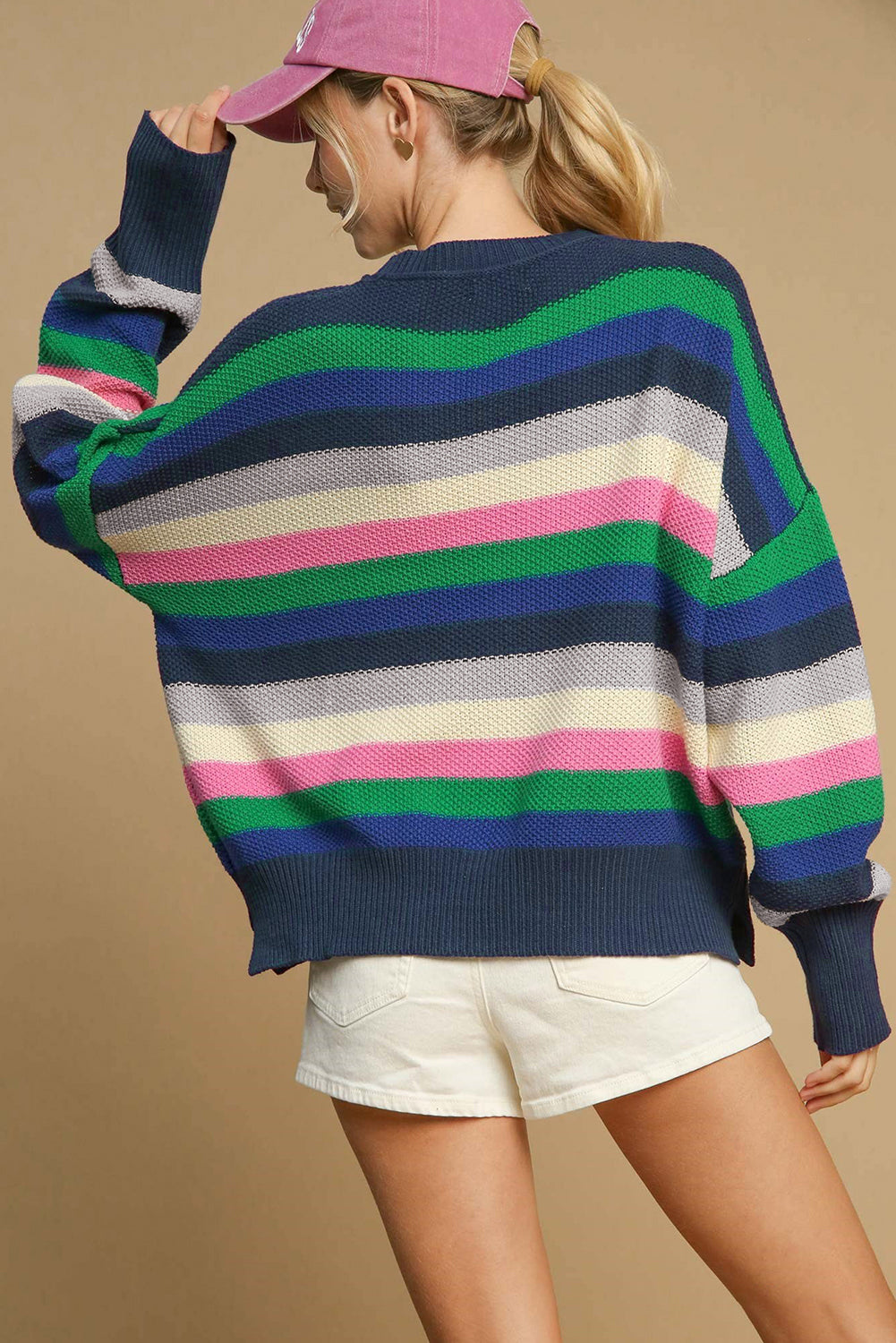 Blue Zone Planet | Bright Green Rainbow Striped Crew Neck Drop Shoulder Sweater-Sweaters & Cardigans/Sweaters-[Adult]-[Female]-2022 Online Blue Zone Planet