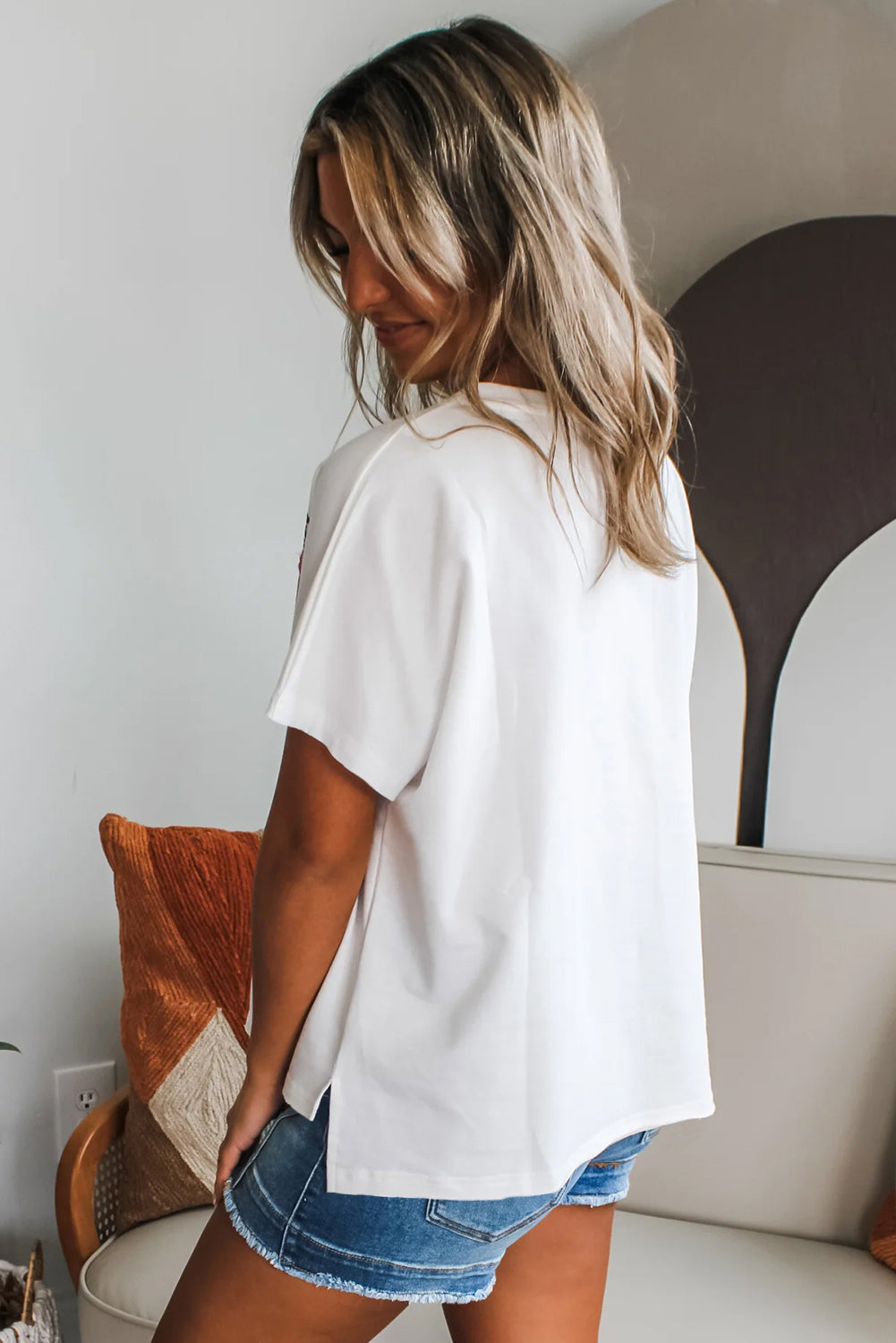 White Floral Applique Notched V Neck Dolman Sleeve Top-Tops/Tops & Tees-[Adult]-[Female]-2022 Online Blue Zone Planet