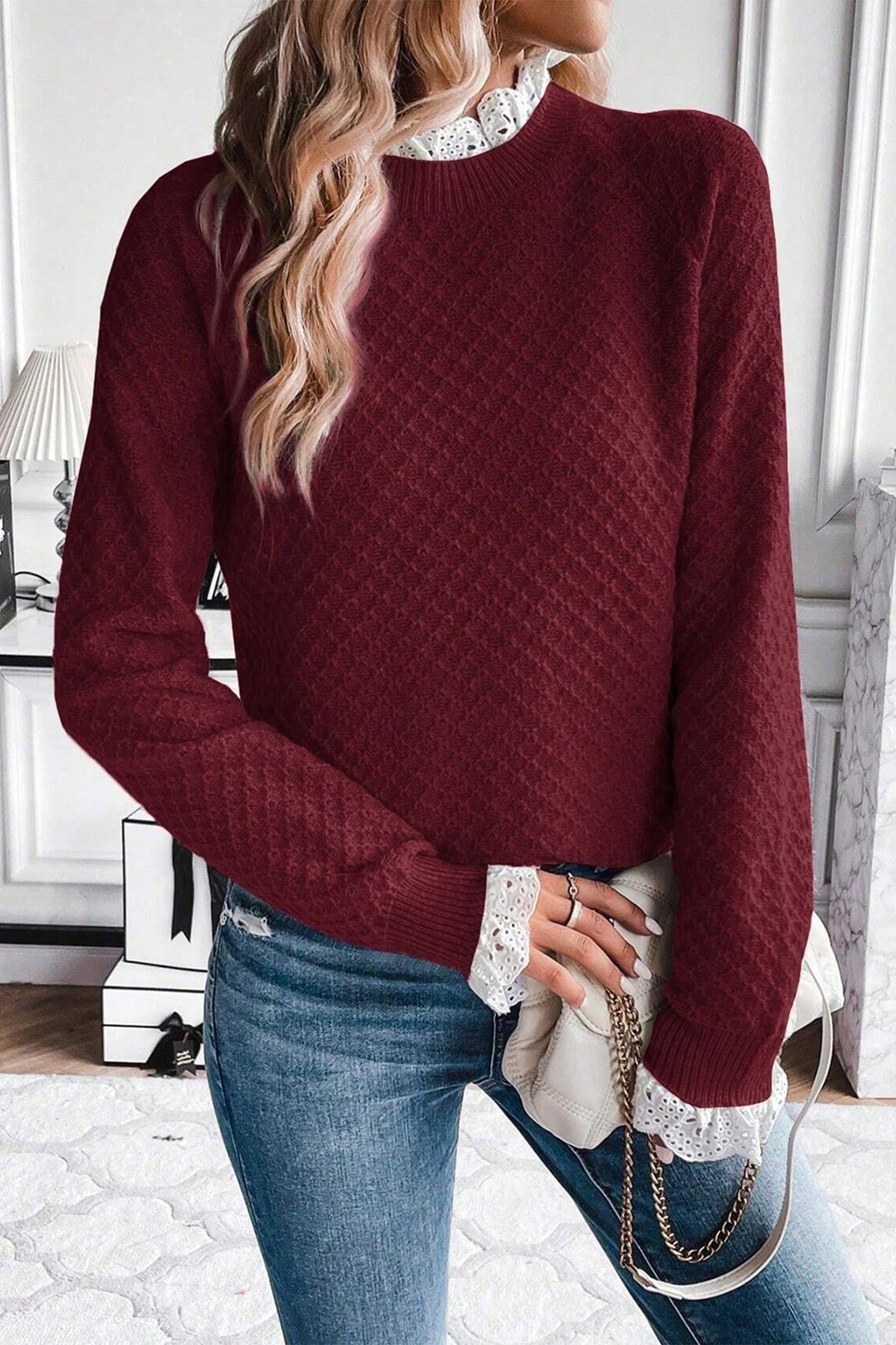 Burgundy Contrast Lace Frilled Trim Raglan Sleeve Sweater-TOPS / DRESSES-[Adult]-[Female]-2022 Online Blue Zone Planet