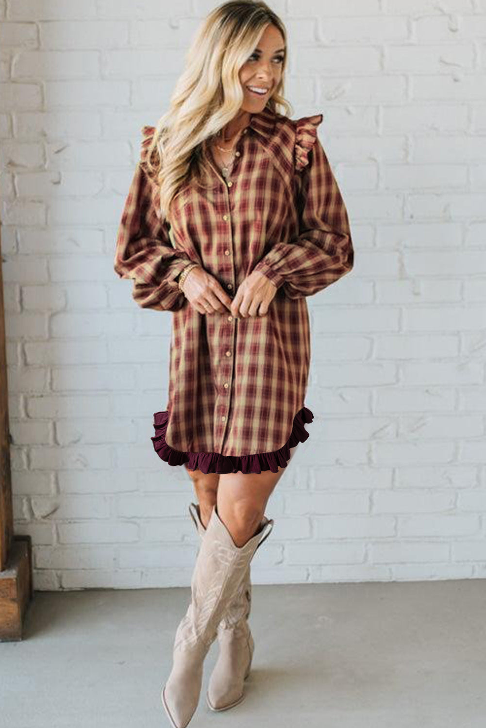 Red Plaid Print Ruffled Long Sleeve Patchwork Hem Mini Shirt Dress-TOPS / DRESSES-[Adult]-[Female]-2022 Online Blue Zone Planet