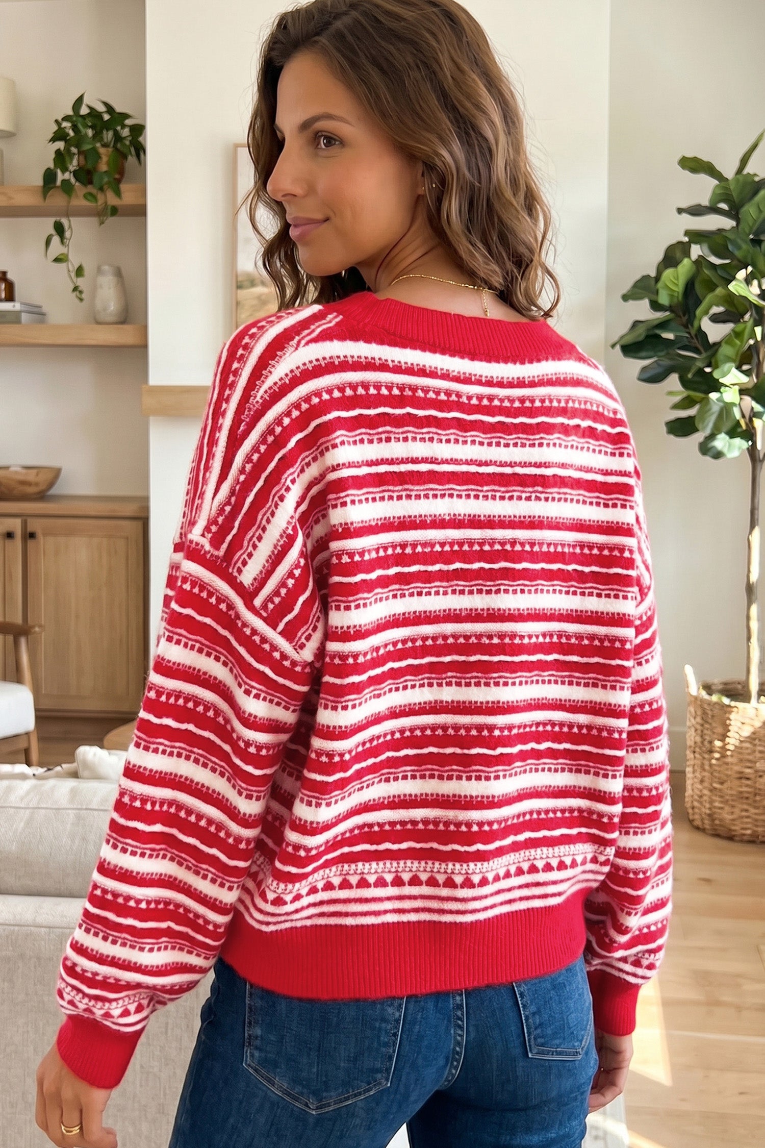 Red Geometric Striped Pattern V Neck Button Front Casual Knit Cardigan-Sweaters & Cardigans/Cardigans-[Adult]-[Female]-2022 Online Blue Zone Planet