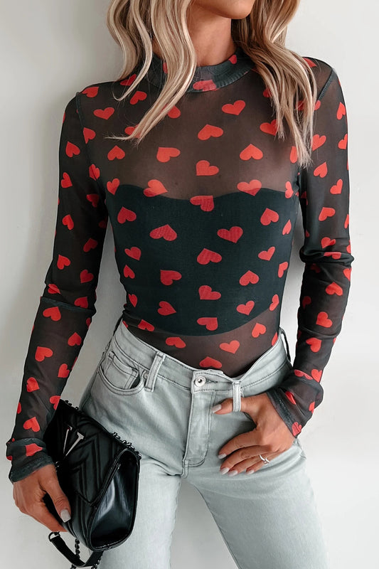 Black Valentines Heart Printed Sheer Mesh Long Sleeve Top