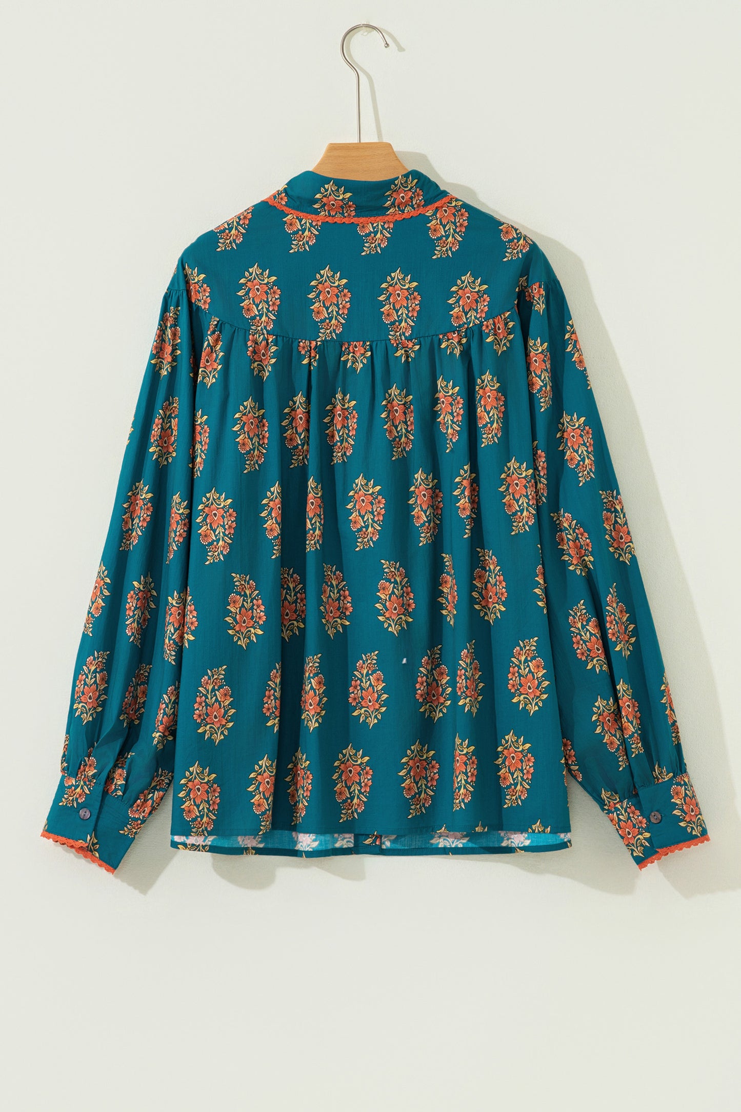 Green Plus Size Floral Print Contrast Lacy Trim Pleated Loose Shirt-Plus Size/Plus Size Tops/Plus Size Blouses & Shirts-[Adult]-[Female]-2022 Online Blue Zone Planet