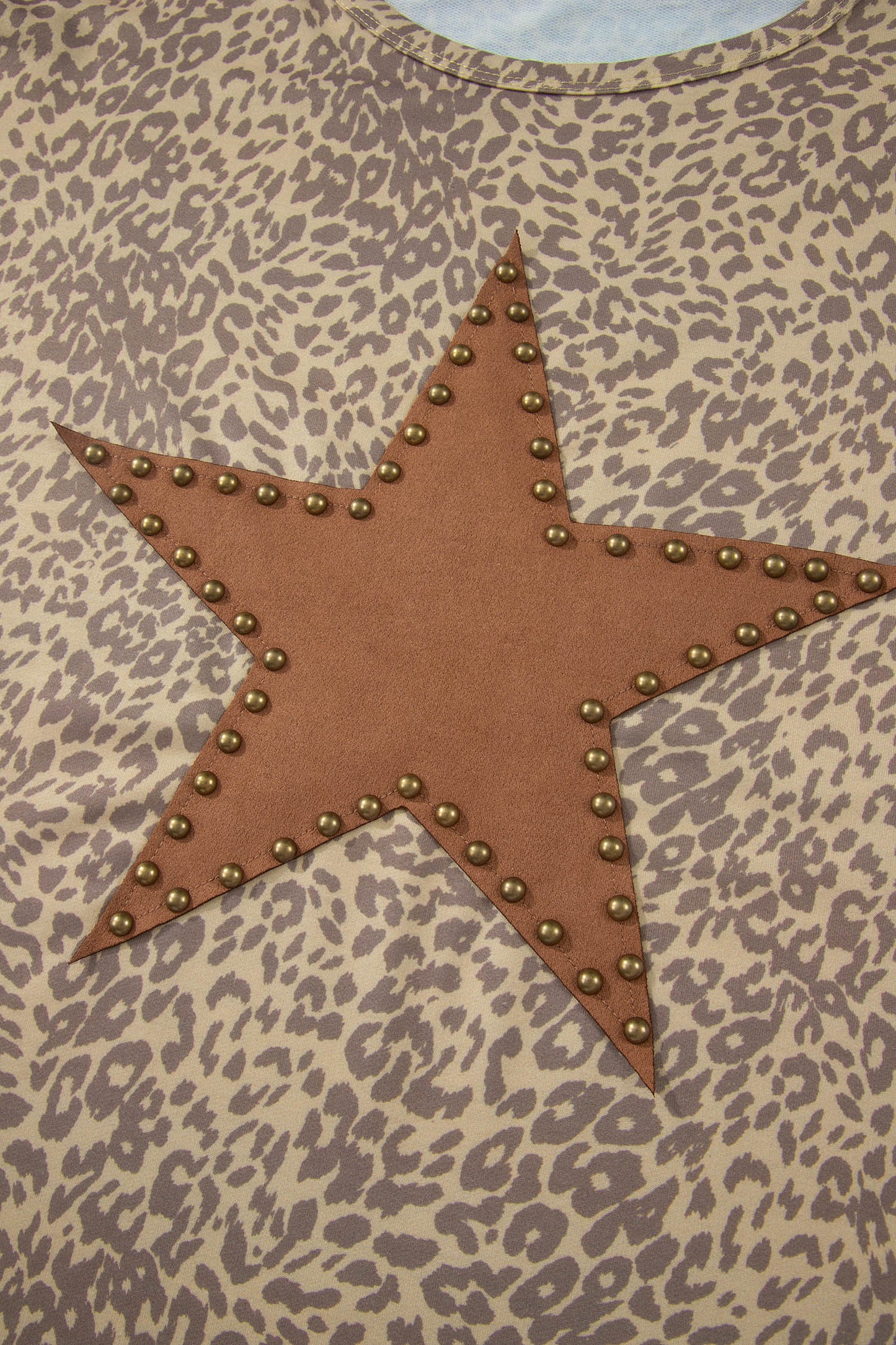Khaki Leopard Retro Studded Star Patch Loose Tee-Tops/Tops & Tees-[Adult]-[Female]-2022 Online Blue Zone Planet