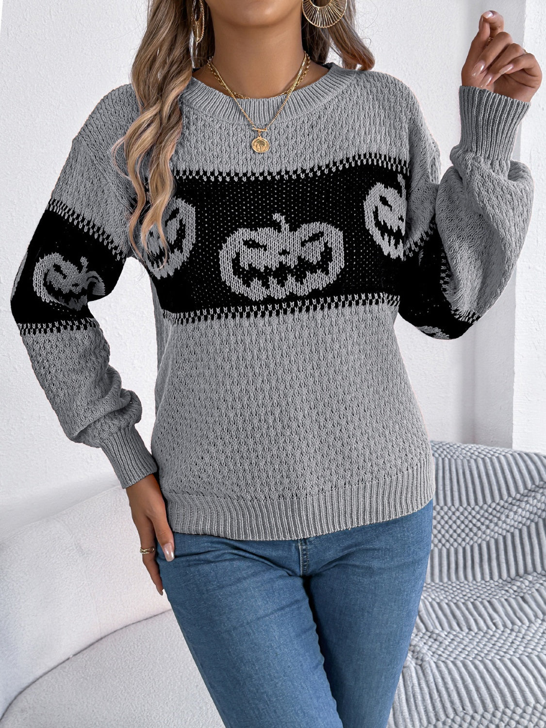 Pumpkin Round Neck Long Sleeve Sweater-TOPS / DRESSES-[Adult]-[Female]-2022 Online Blue Zone Planet