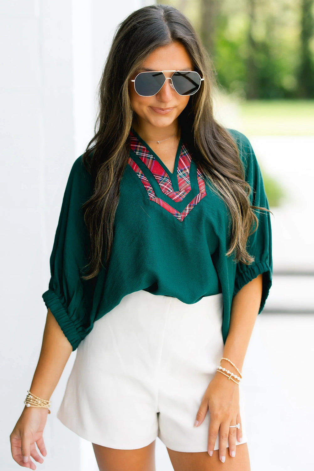 Evergreen Contrast Plaid Patchwork V Neck Half Sleeve Blouse-Tops/Blouses & Shirts-[Adult]-[Female]-2022 Online Blue Zone Planet