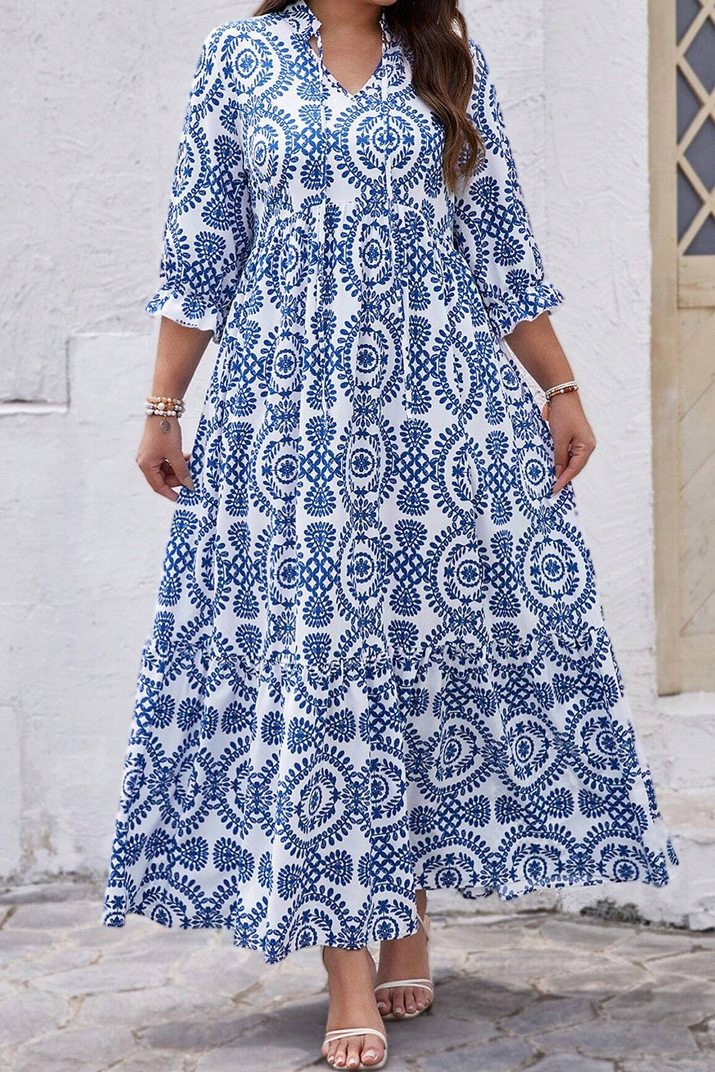 Sky Blue Geometric Print Lace-up Notch Neck Plus Size Maxi Dress-Plus Size/Plus Size Dresses/Plus Size Maxi Dresses-[Adult]-[Female]-2022 Online Blue Zone Planet