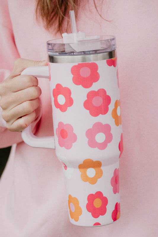 Multicolor Flower Print Handled Stainless Steel Vacuum Cup 40oz-Accessories/Tumblers-[Adult]-[Female]-Multicolor-ONE SIZE-2022 Online Blue Zone Planet