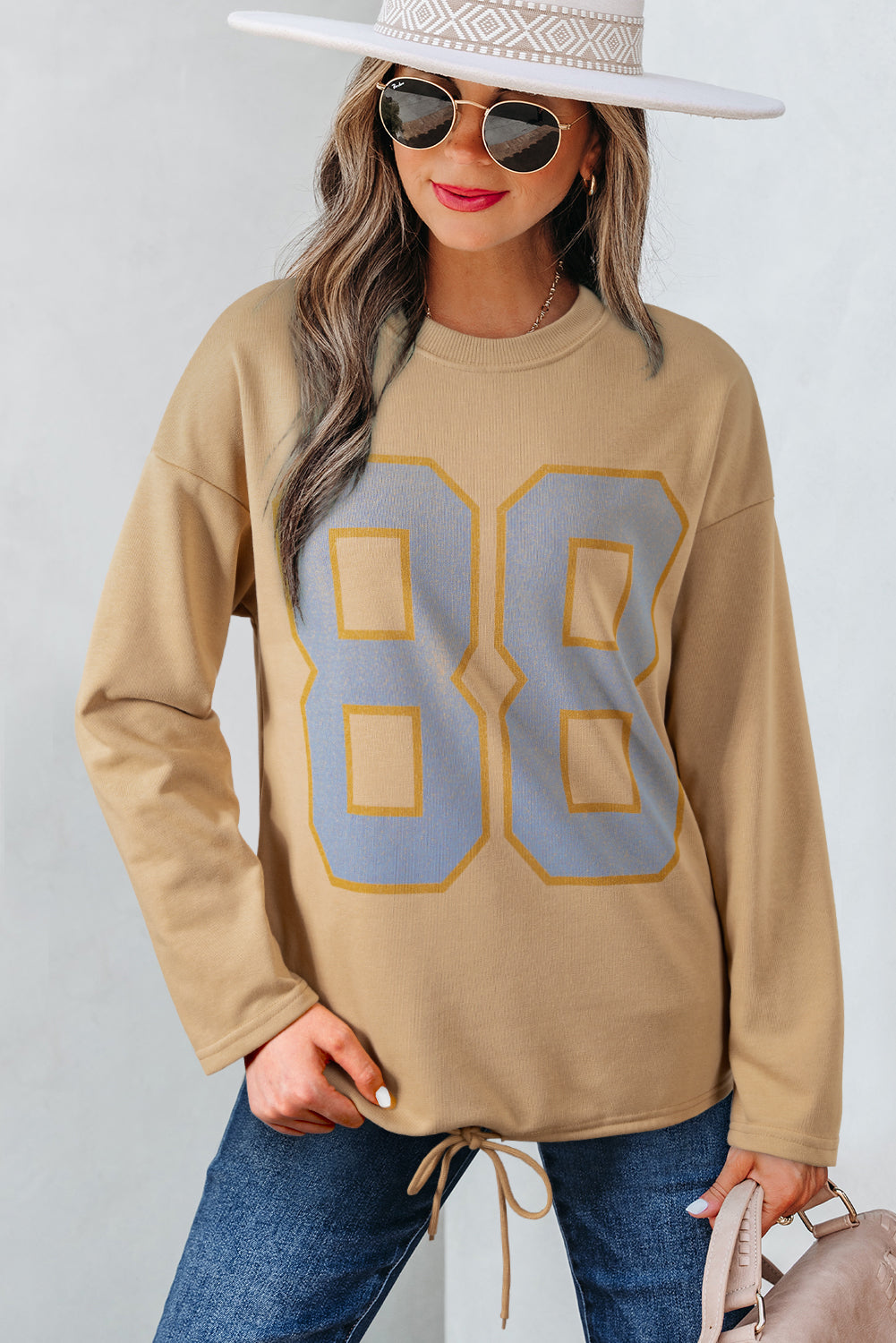 Khaki 88 Number Graphic Drawstring Hemline Oversize Long Sleeve Top-Tops/Long Sleeve Tops-[Adult]-[Female]-2022 Online Blue Zone Planet
