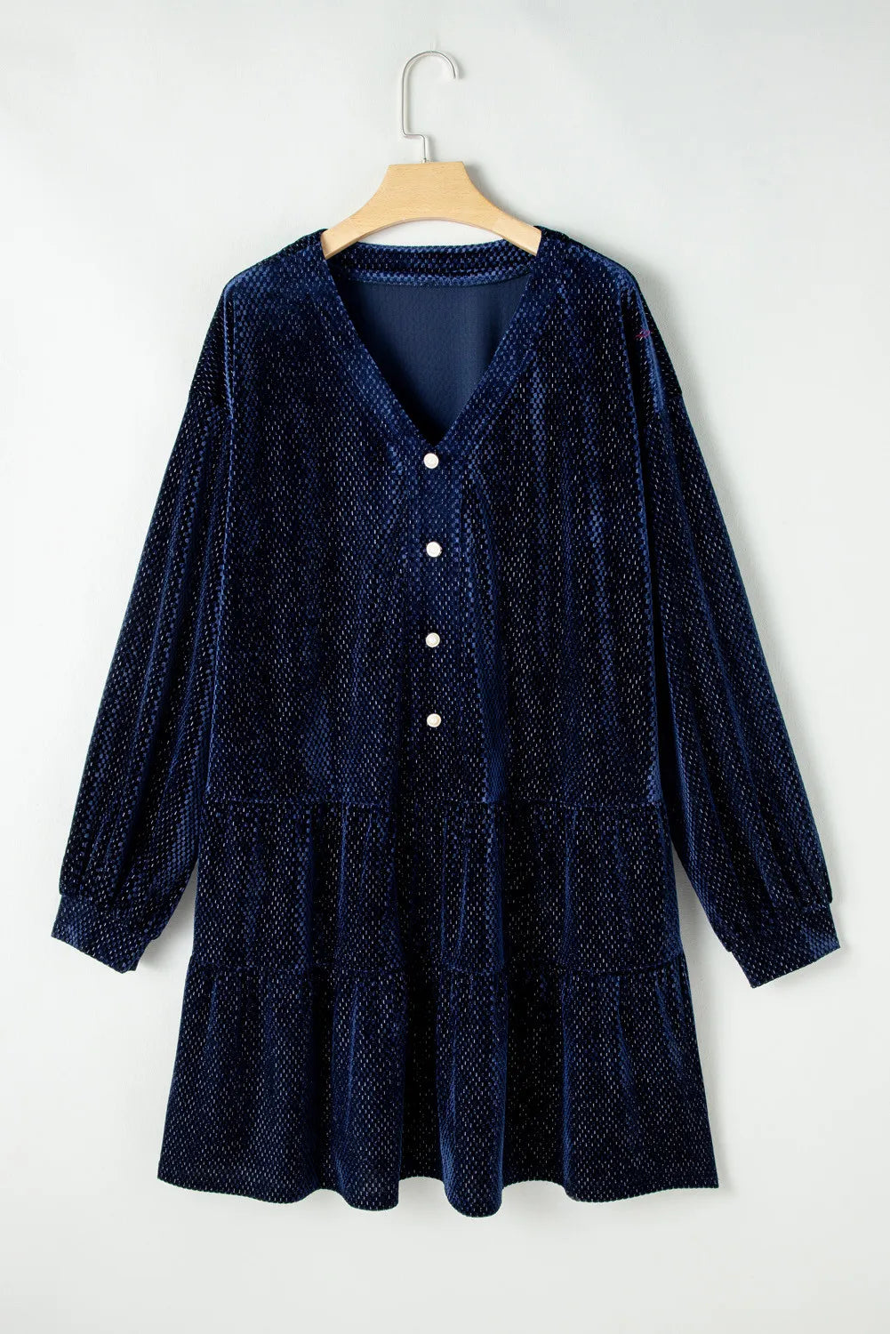 Plus Size Textured Velvet Decorative Button Long Sleeve Dress-TOPS / DRESSES-[Adult]-[Female]-2022 Online Blue Zone Planet