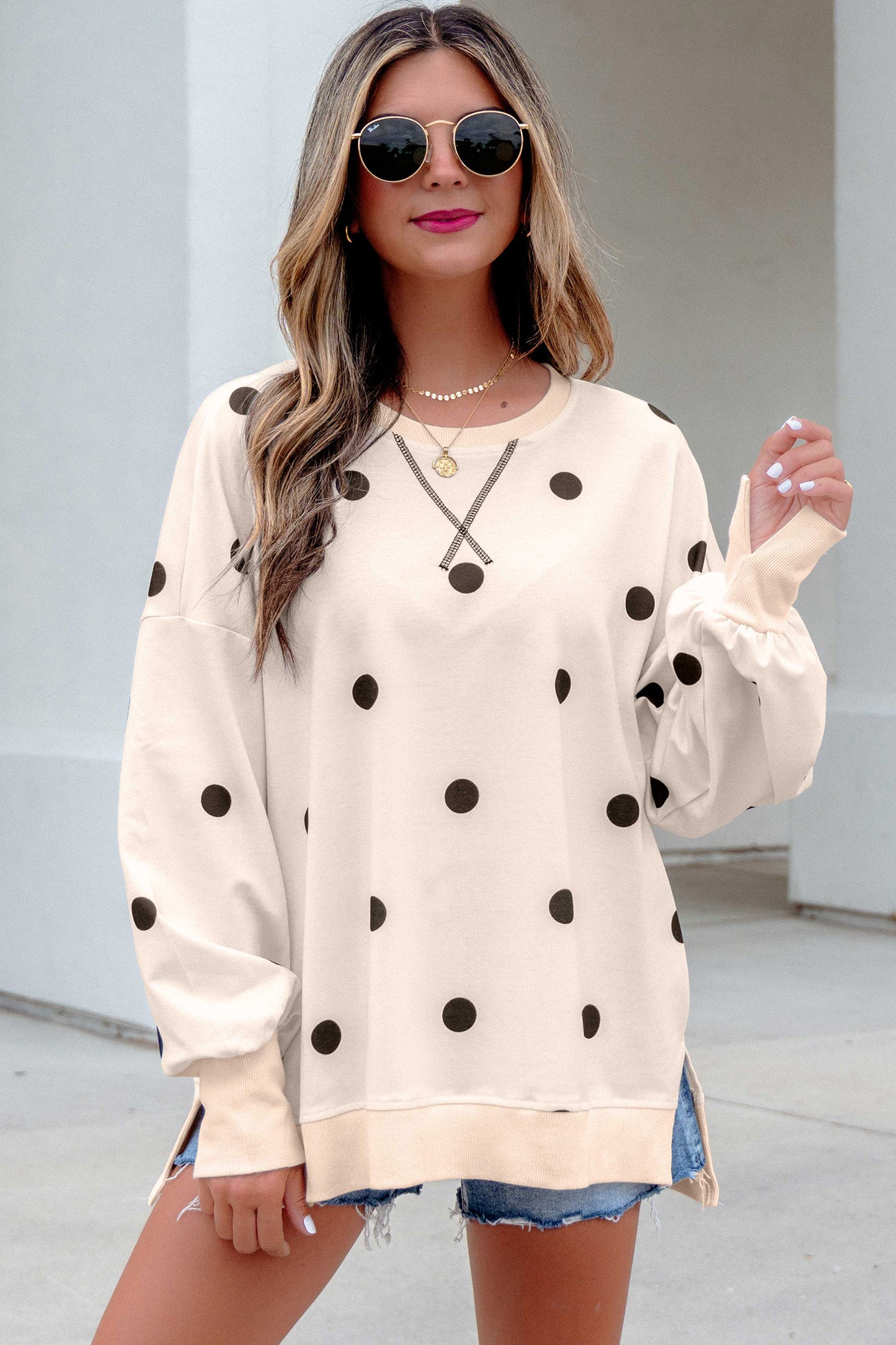 Beige Loose-Fit Long Sleeve Round Neck Polka Dot Tunic Sweatshirt-Tops/Long Sleeve Tops-[Adult]-[Female]-2022 Online Blue Zone Planet
