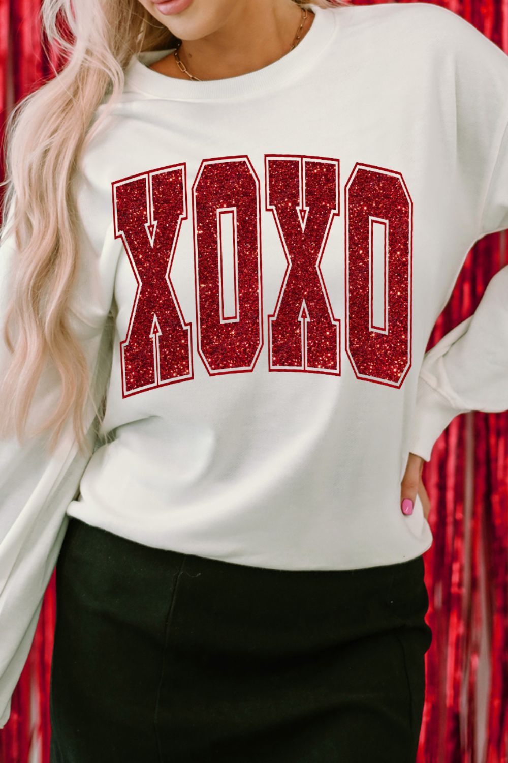 Valentine’s Day XOXO Glitter Round Neck Sweatshirt-TOPS / DRESSES-[Adult]-[Female]-2022 Online Blue Zone Planet