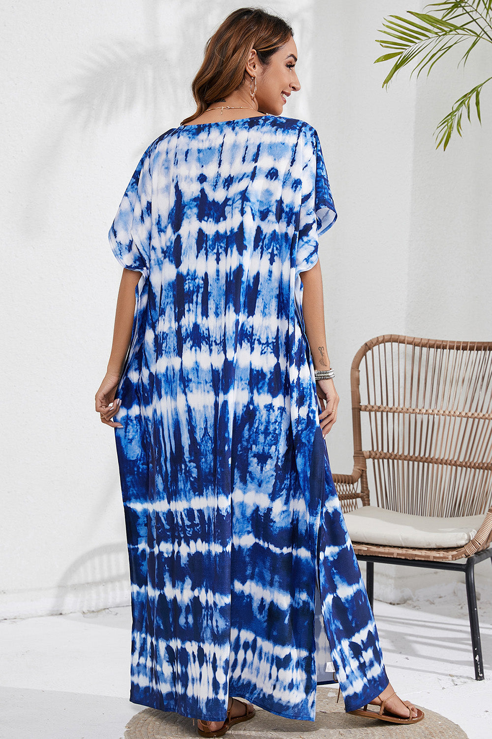 Blue Zone Planet |  Slit Printed V-Neck Short Sleeve Cover Up BLUE ZONE PLANET