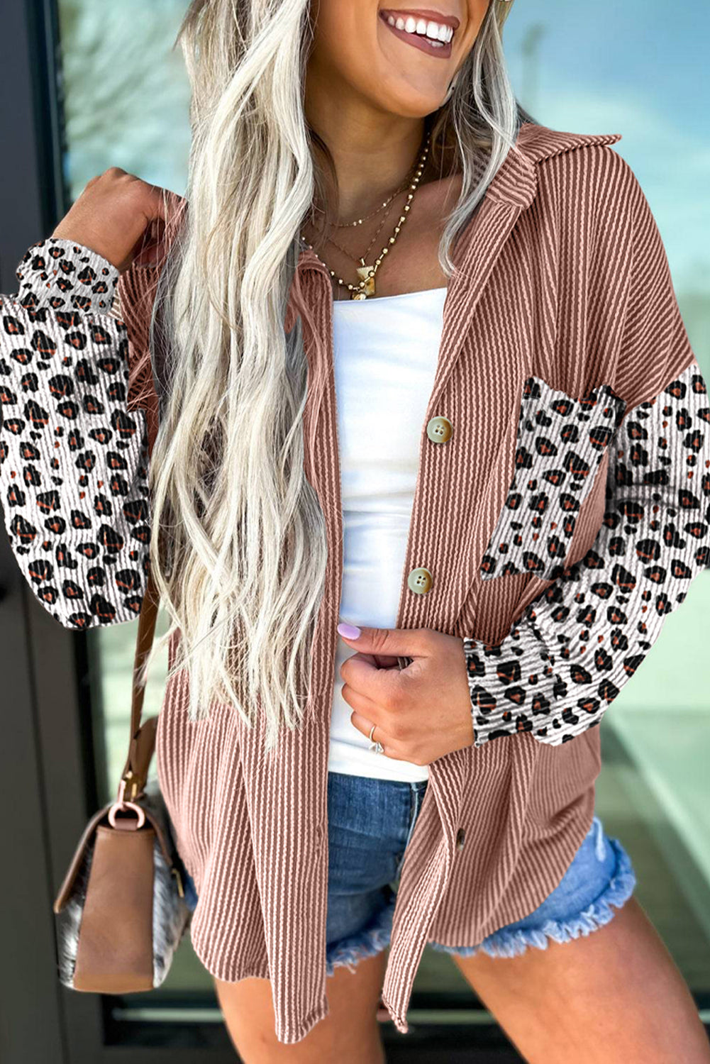 Dark Khaki Leopard Patched Twisted Ribbed Western Casual Shacket-Outerwear/Jackets-[Adult]-[Female]-Dark Khaki-S-2022 Online Blue Zone Planet