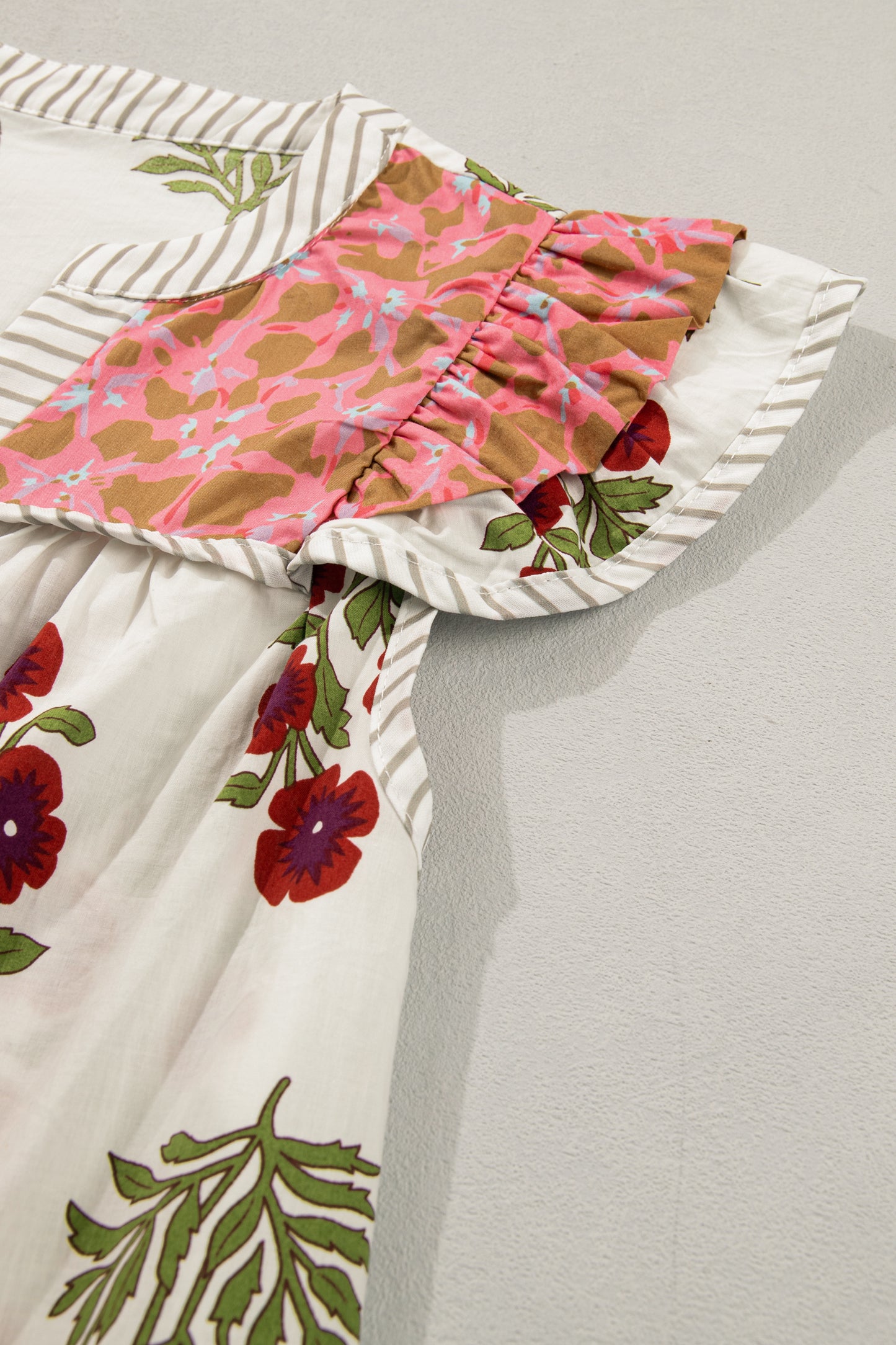 White Floral Print Contrast Striped Trim Flutter Cotton Blouse-Tops/Blouses & Shirts-[Adult]-[Female]-2022 Online Blue Zone Planet