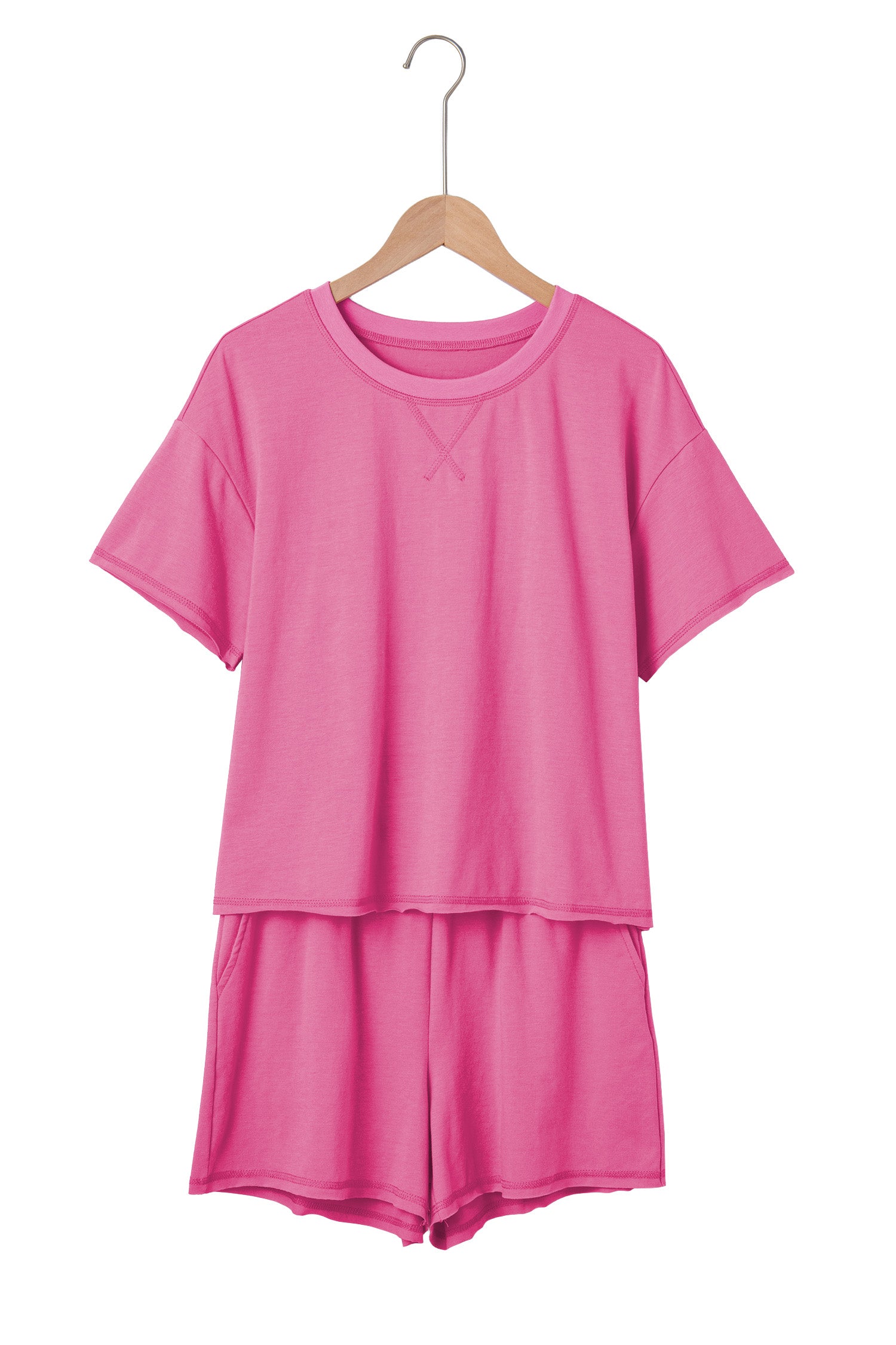 Bright Pink Seam Detail Raw Edge Tee Rainbow Waistband Casual Short Set-Two Piece Sets/Short Sets-[Adult]-[Female]-2022 Online Blue Zone Planet