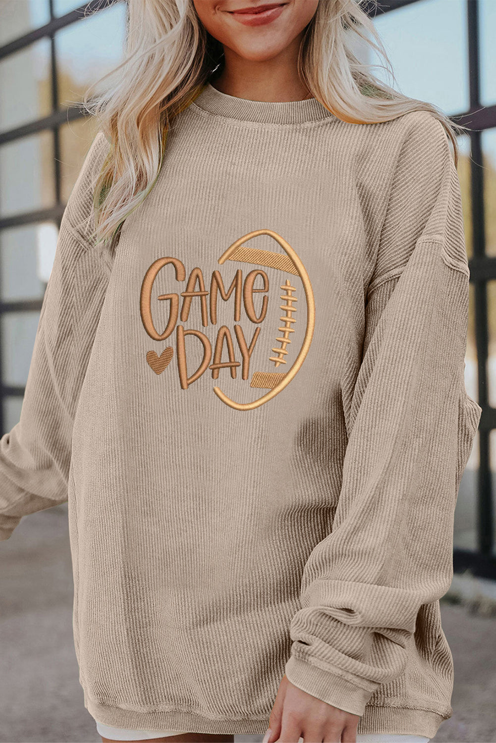 Smoke Gray Twisted Rib Texture game day Rugby Embroidered Baggy Sweatshirt-Graphic/Graphic Sweatshirts-[Adult]-[Female]-2022 Online Blue Zone Planet