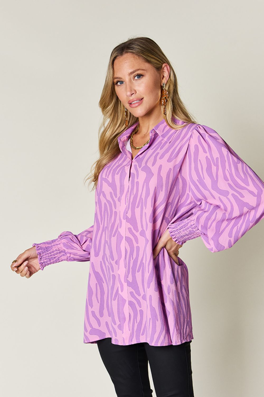 Blue Zone Planet | Double Take Full Size Printed Smocked Long Sleeve Blouse-TOPS / DRESSES-[Adult]-[Female]-2022 Online Blue Zone Planet