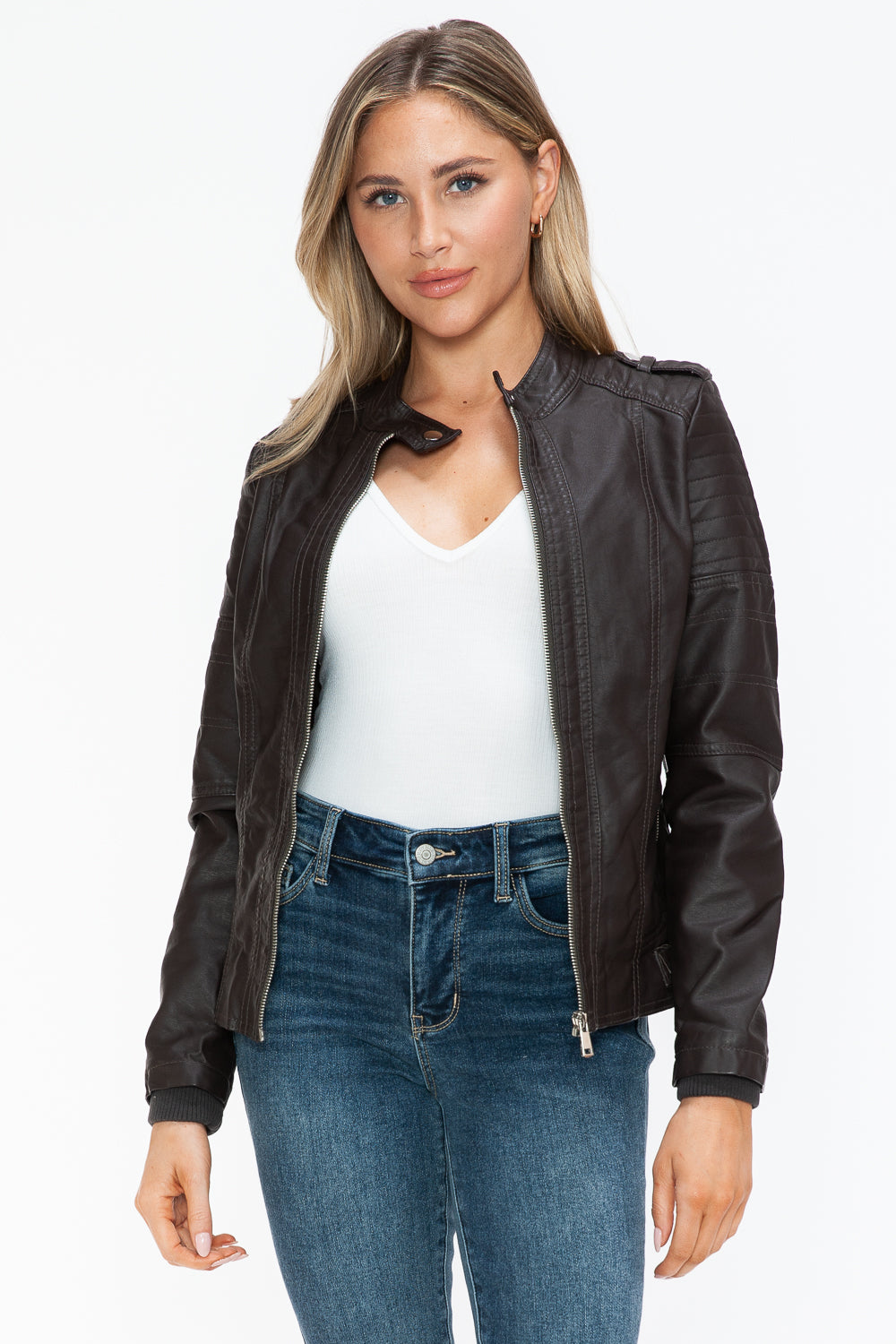 Blue Zone Planet | Snobbish PU Leather Biker Jacket with Side Zip Pockets-TOPS / DRESSES-[Adult]-[Female]-Chocolate-S-2022 Online Blue Zone Planet