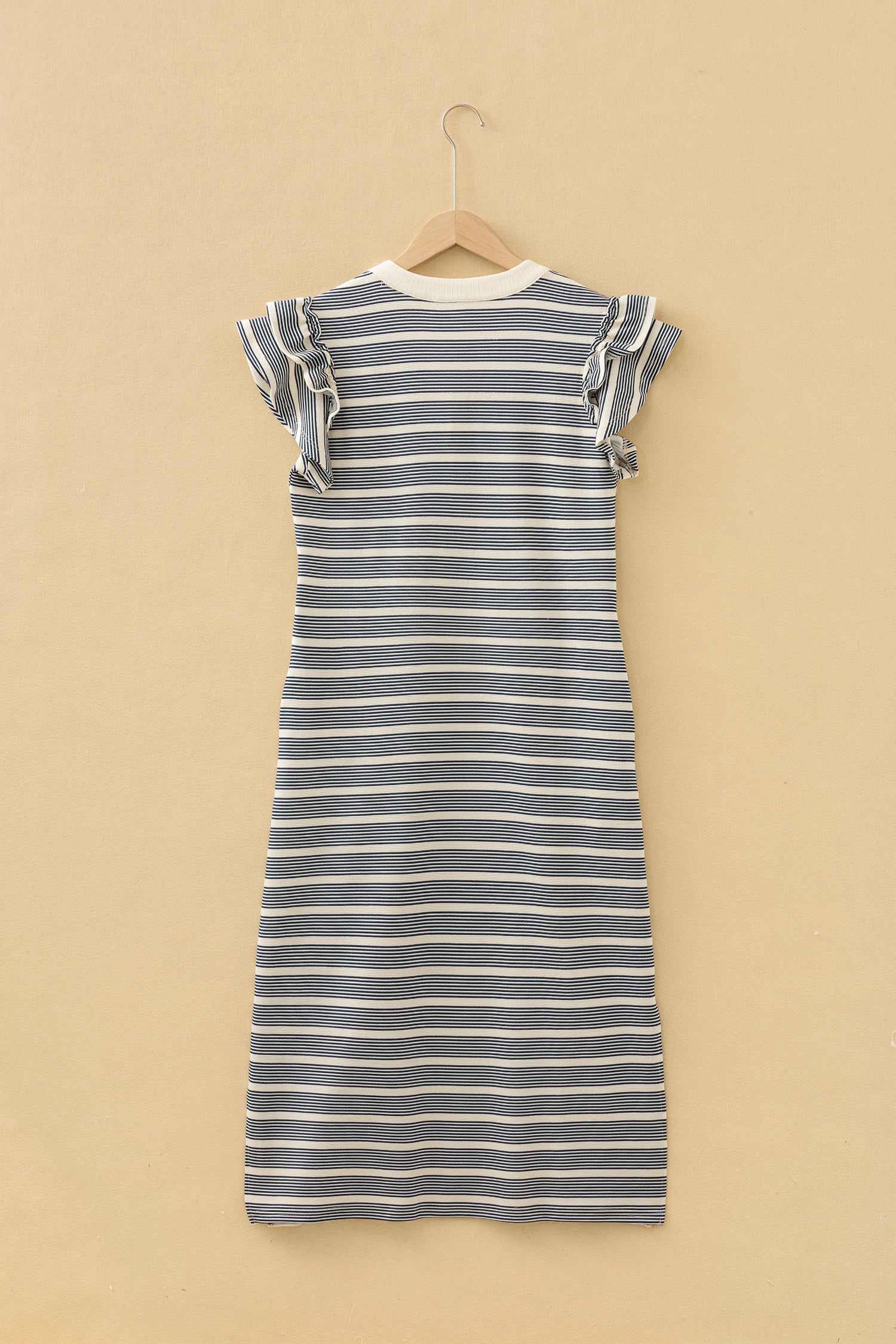 Blue Stripe Ruffled Short Sleeve Contrast Trim Button Notched Neck Midi Dress-TOPS / DRESSES-[Adult]-[Female]-2022 Online Blue Zone Planet