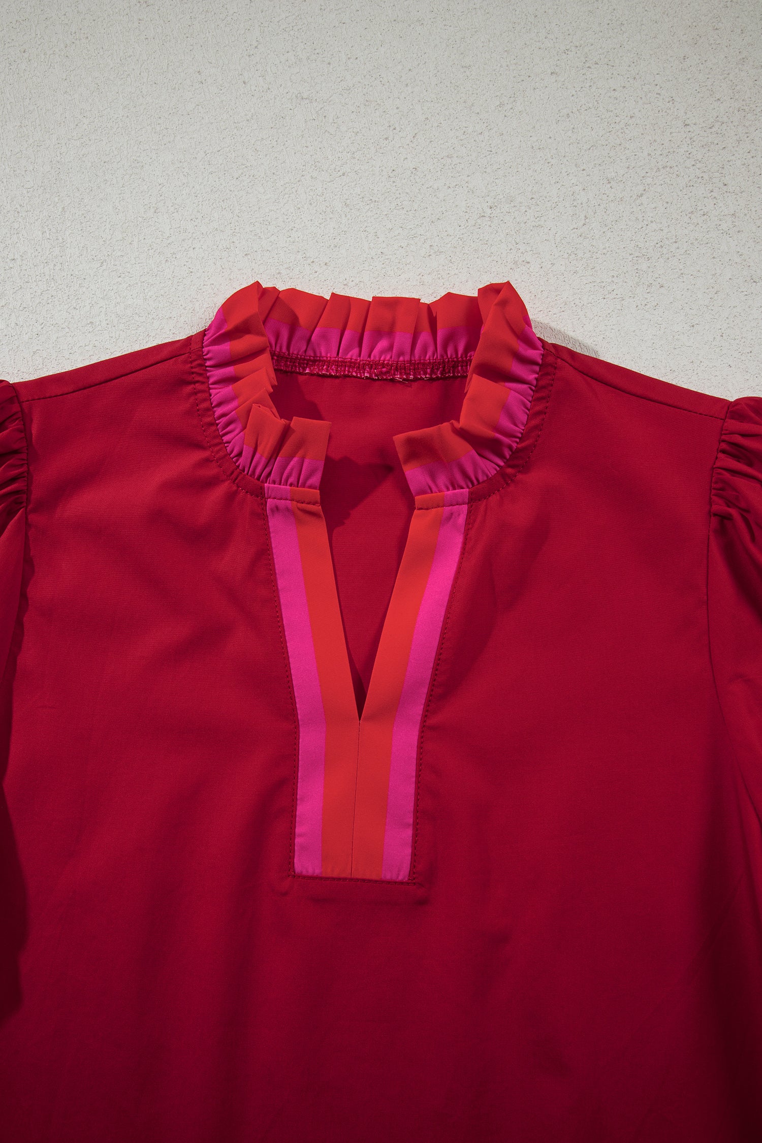 Fiery Red Striped Frilled Collar Ruffled Short Sleeve Blouse-Tops/Blouses & Shirts-[Adult]-[Female]-2022 Online Blue Zone Planet