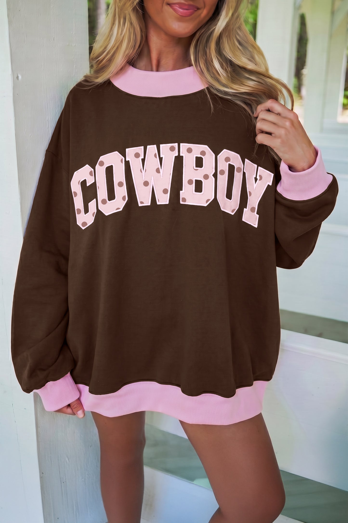 Pink Polka Dot Letter Graphic Colorblock Tunic Sweatshirt-Tops/Sweatshirts & Hoodies-[Adult]-[Female]-Coffee-S-2022 Online Blue Zone Planet