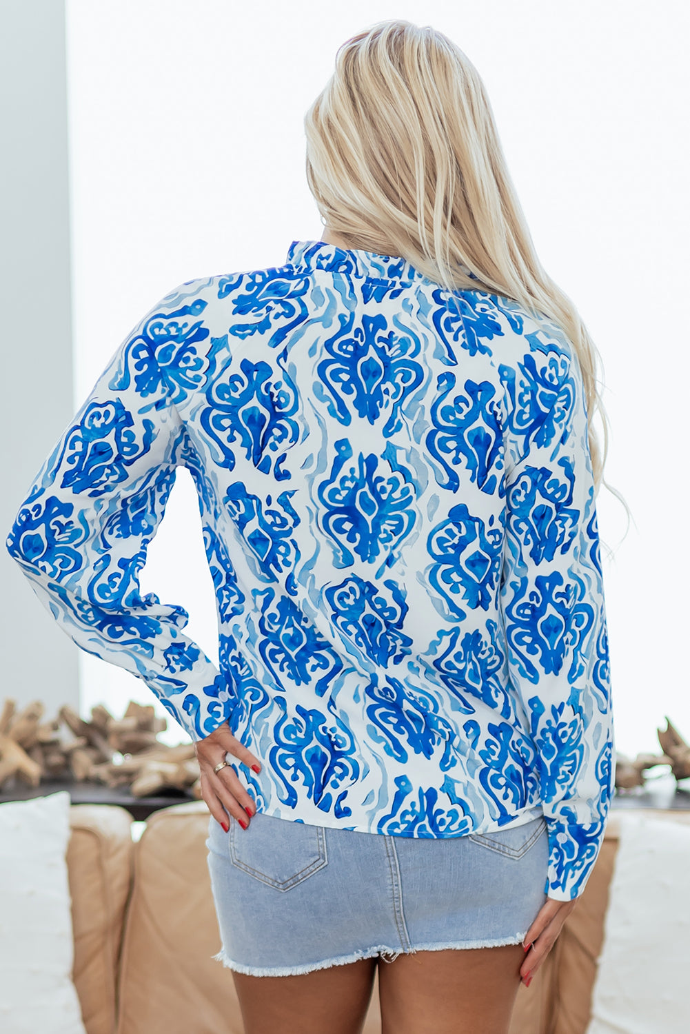 Sky Blue Ethnic Printed Tie Split Neck Button Front Puff Sleeve Shirt-Tops/Blouses & Shirts-[Adult]-[Female]-2022 Online Blue Zone Planet