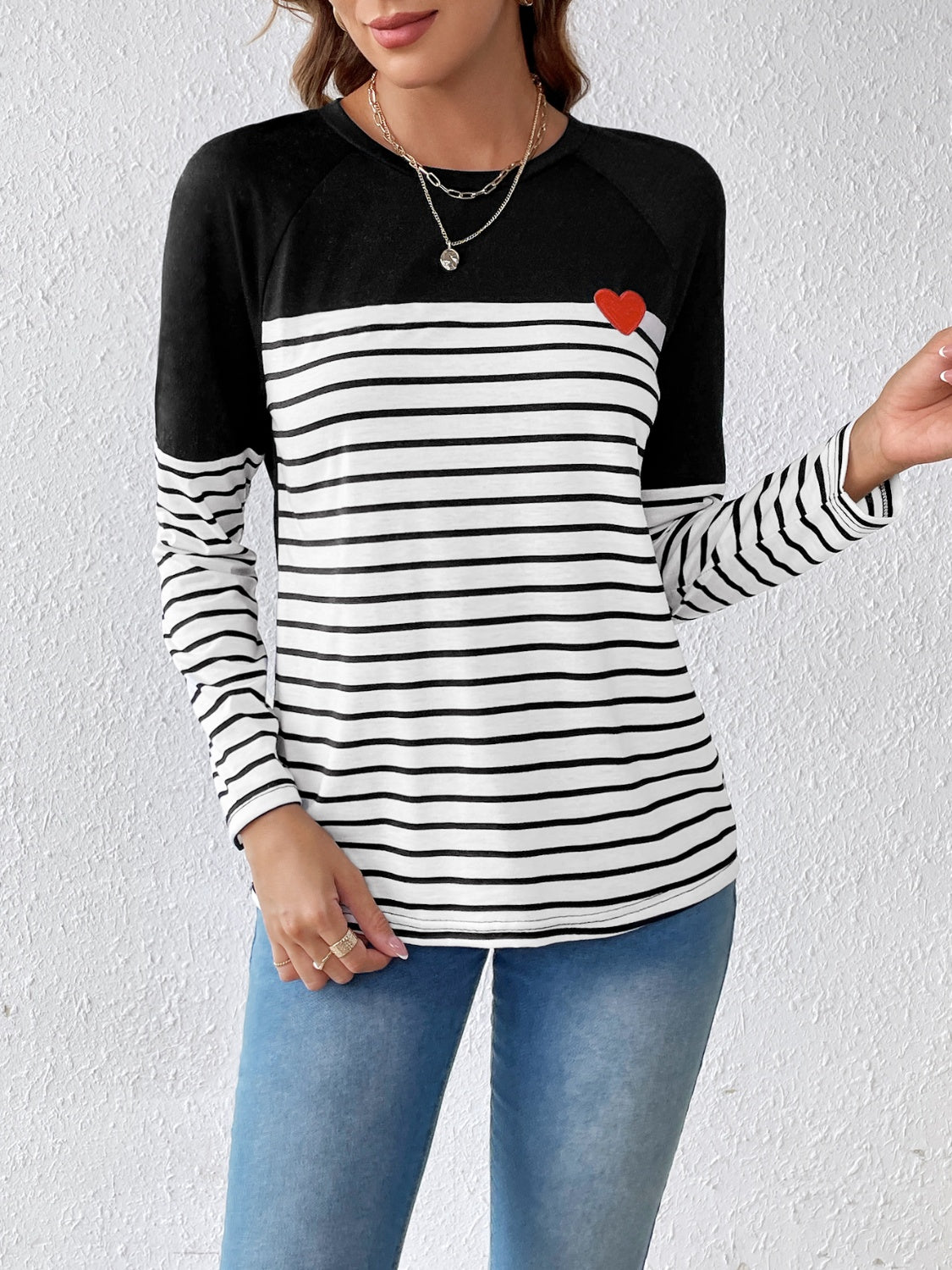 Striped Contrast Round Neck Long Sleeve T-Shirt-TOPS / DRESSES-[Adult]-[Female]-Black-S-2022 Online Blue Zone Planet