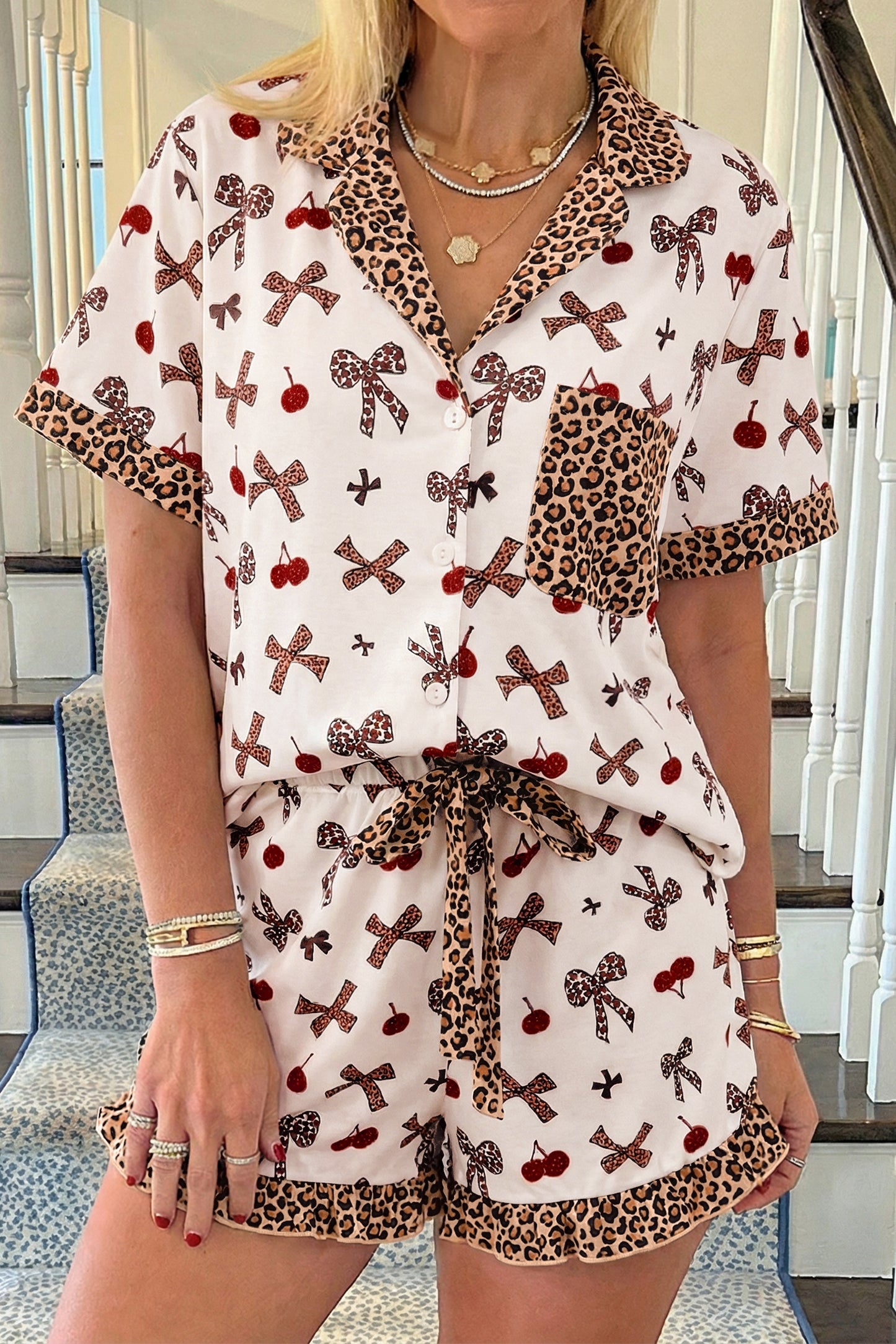 White Chic Bow Cherry Printed Leopard Contrast Patchwork Shirt Drawstring Shorts 2pcs PJ Set-Loungewear & Sleepwear/Sleepwear-[Adult]-[Female]-2022 Online Blue Zone Planet